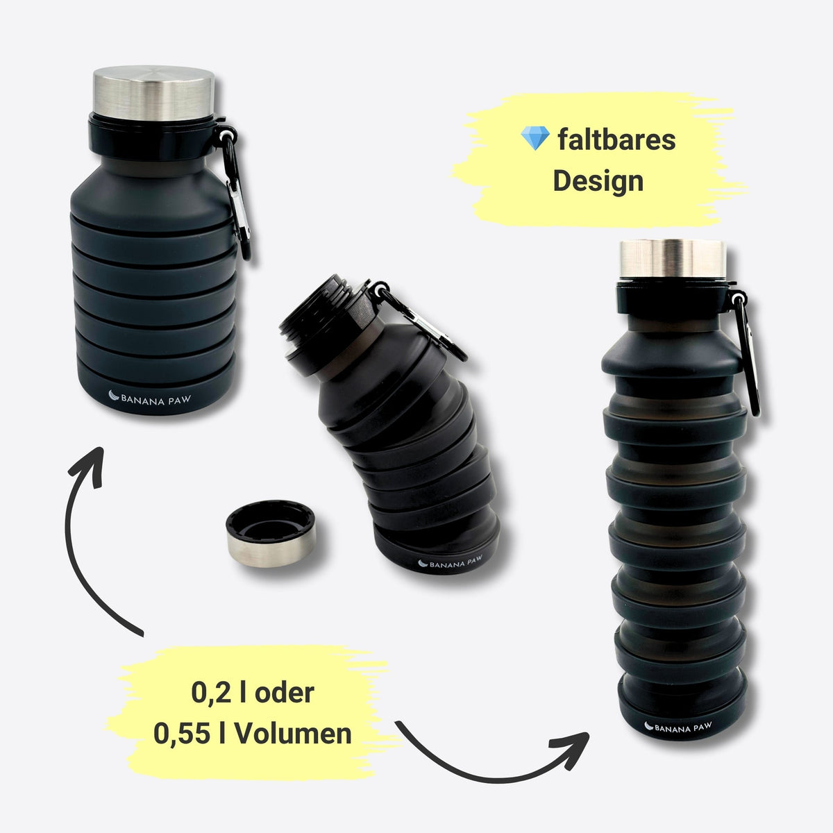 Faltbare Wasserflasche in Schwarz in drei Stufen von gefaltet bis ausgezogen, Hinweis auf 0,2 oder 0,55 Liter