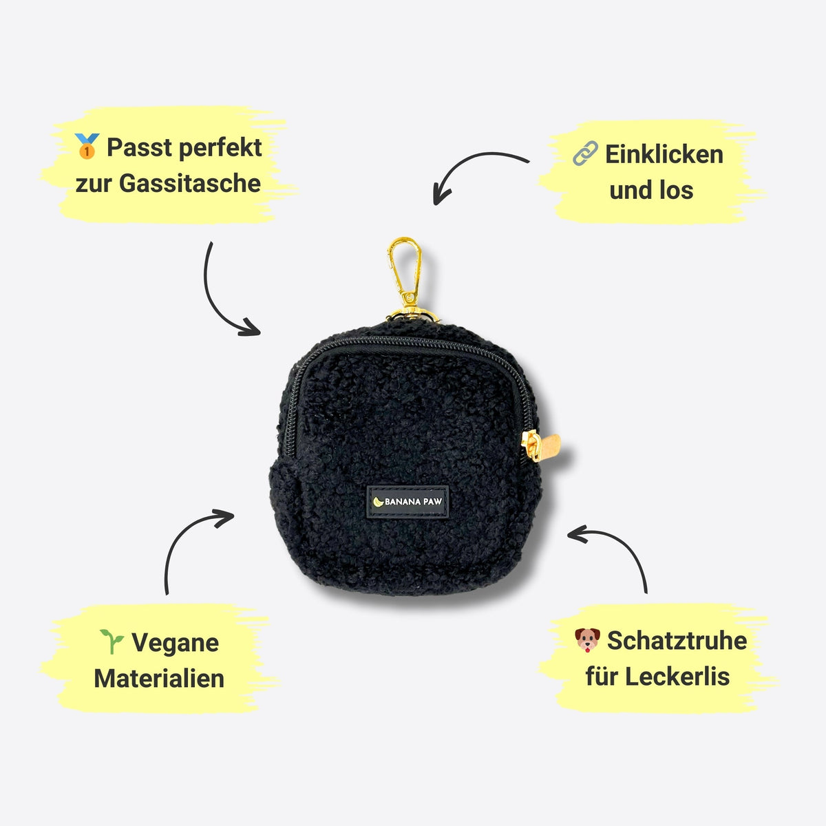 Leckerlitasche Kon Tiki aus Teddyfleece in Obsidian Black zum Einklicken an die Gassitasche