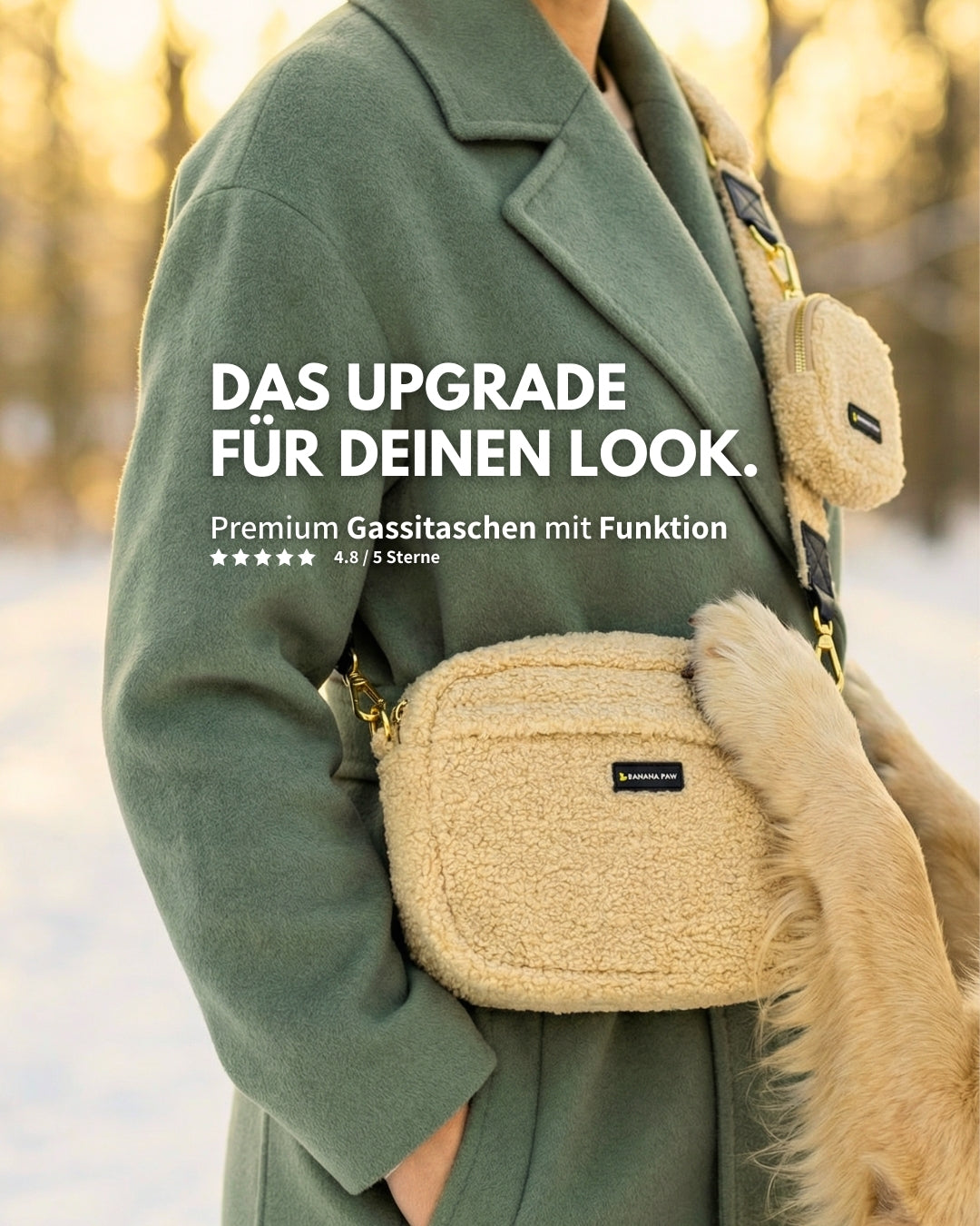 Frau trägt die Gassitasche aus Teddyfleece in Vanilla Dream über der Schulter