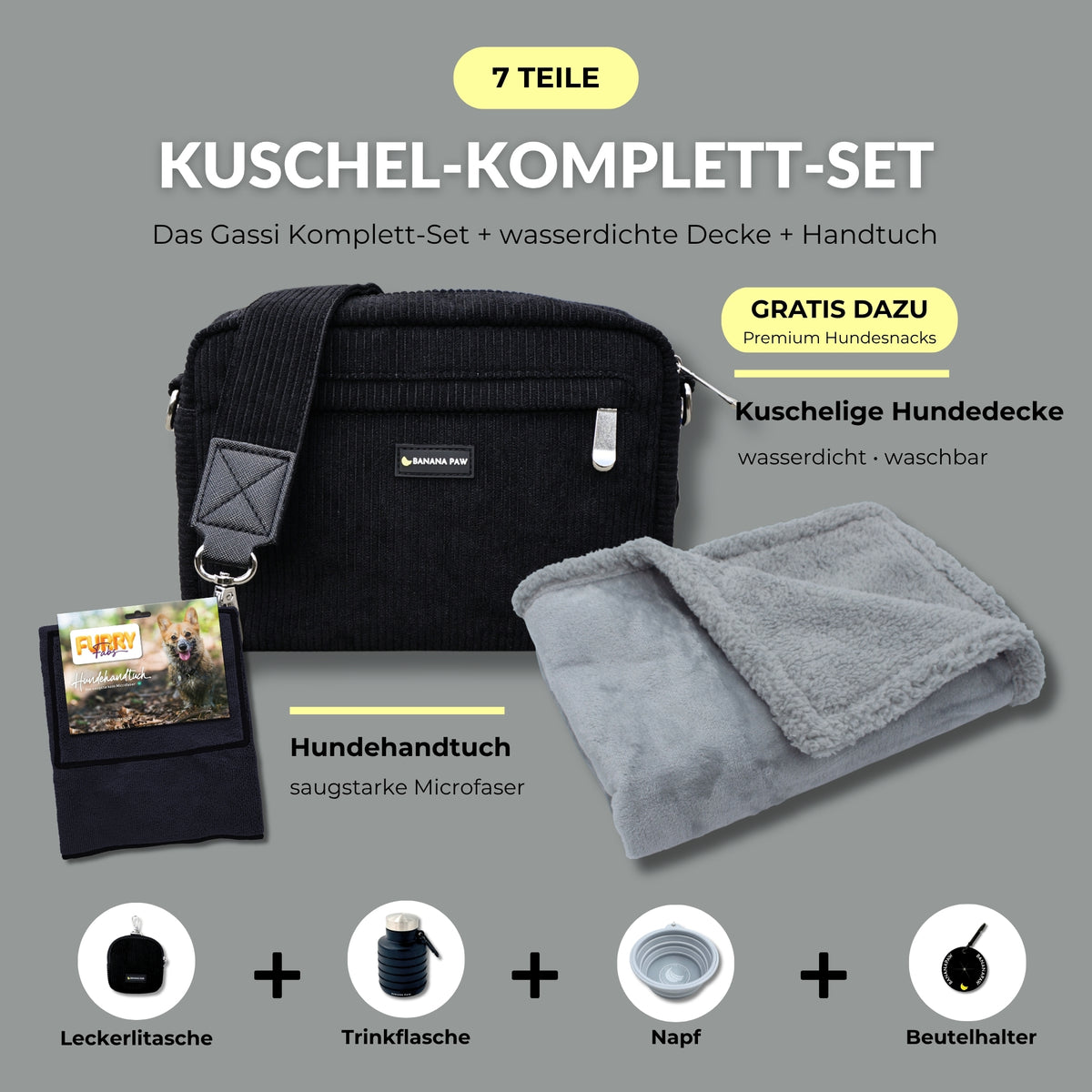 Kuschel-Komplett-Set von BananaPaw in Black Beauty mit Gassitasche aus Cord, Hundehandtuch, wasserdichter Hundedecke und Zubehör, dazu gratis Premium-Snacks