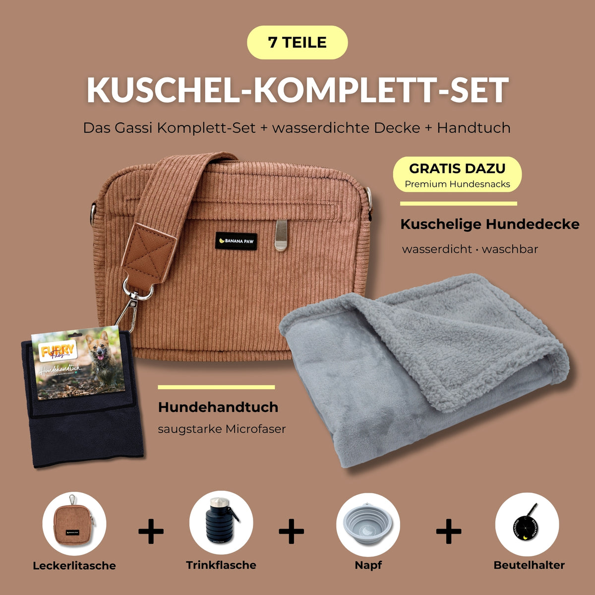Kuschel-Komplett-Set von BananaPaw in Mocca Mood mit Gassitasche aus Cord, Hundehandtuch, wasserdichter Hundedecke und Zubehör, dazu gratis Premium-Snacks