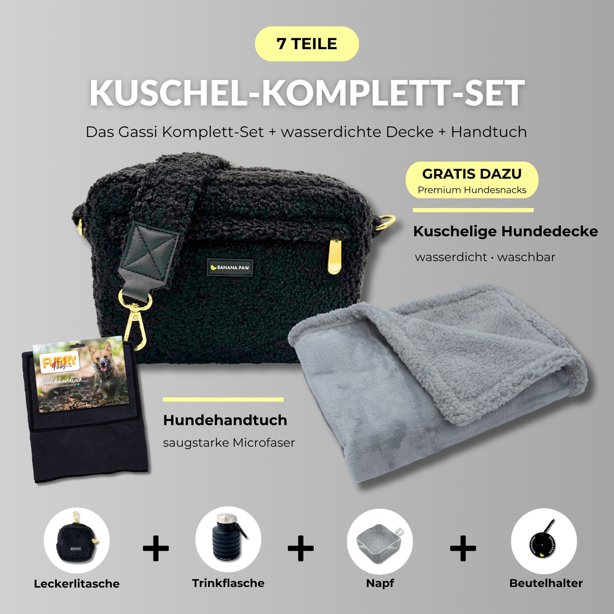 Kuschel-Komplett-Set von BananaPaw in Obsidian Black mit Gassitasche aus Teddyfleece, Hundehandtuch, wasserdichter Hundedecke und Zubehör, dazu gratis Premium-Snacks