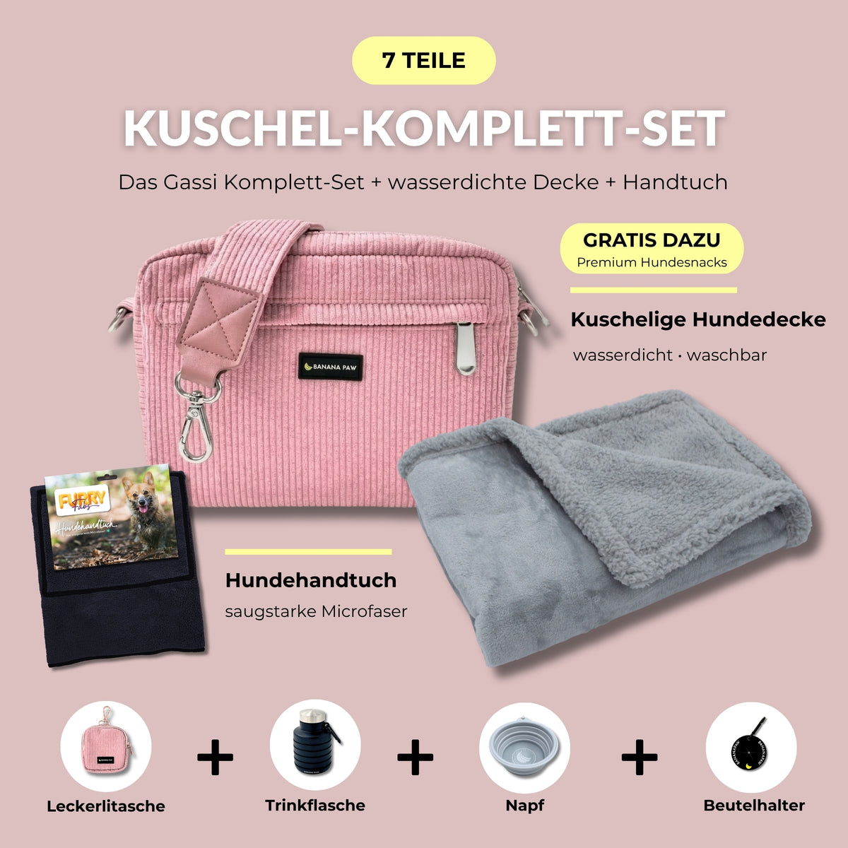 Kuschel-Komplett-Set von BananaPaw in Rosewood Blush mit Gassitasche aus Cord, Hundehandtuch, wasserdichter Hundedecke und Zubehör, dazu gratis Premium-Snacks