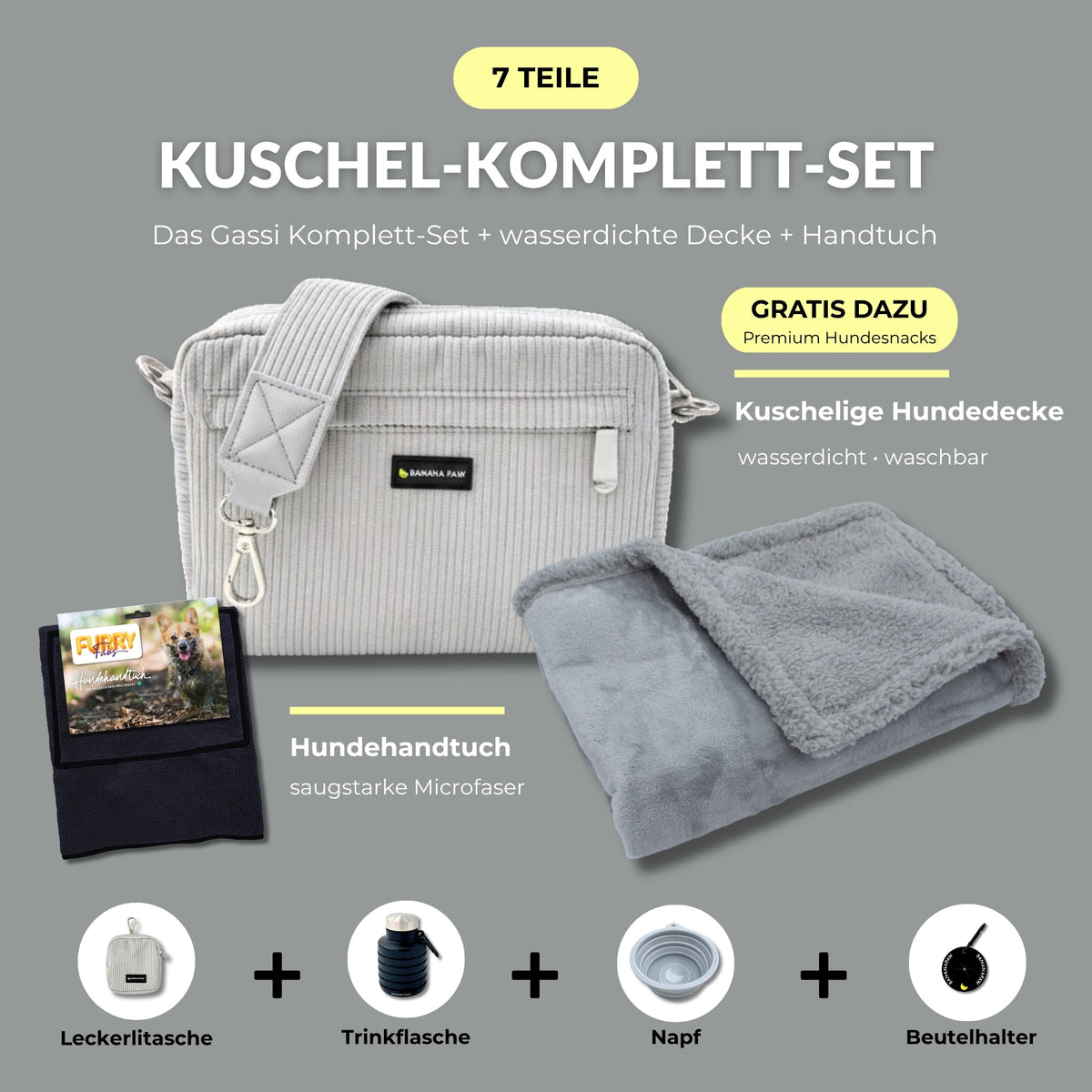 Kuschel-Komplett-Set von BananaPaw in Silver Dawn mit Gassitasche aus Cord, Hundehandtuch, wasserdichter Hundedecke und Zubehör, dazu gratis Premium-Snacks