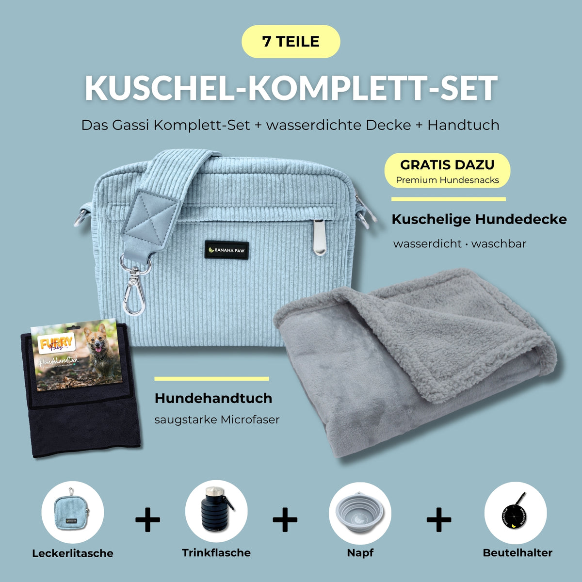 Kuschel-Komplett-Set von BananaPaw in Soft Sky mit Gassitasche aus Cord, Hundehandtuch, wasserdichter Hundedecke und Zubehör, dazu gratis Premium-Snacks