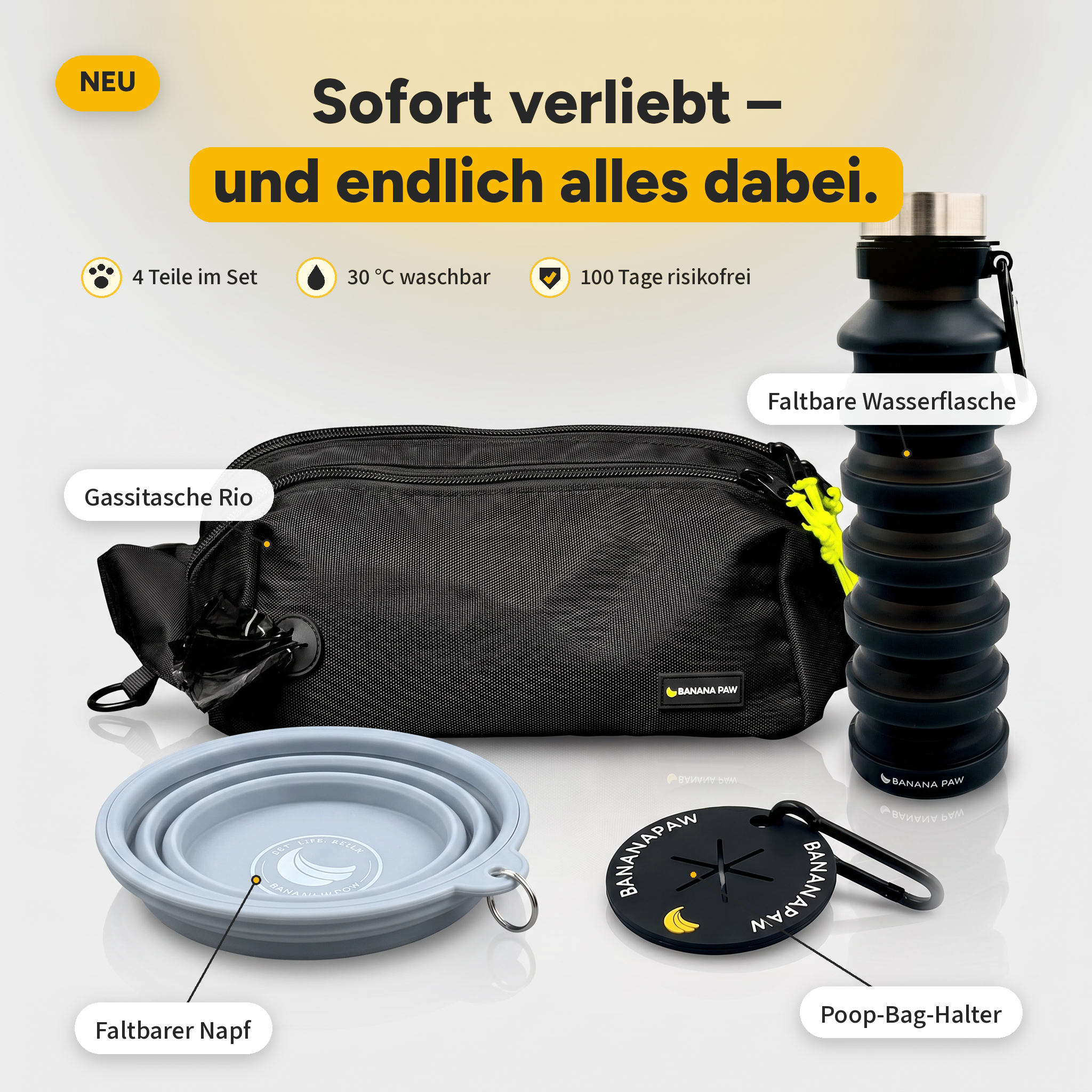 Gassi Komplett-Set Rio in Schwarz: Bauchtasche, faltbare Wasserflasche, faltbarer Napf und Poop-Bag-Halter von BananaPaw – 4 Teile im Set, 30 °C waschbar, 100 Tage risikofrei