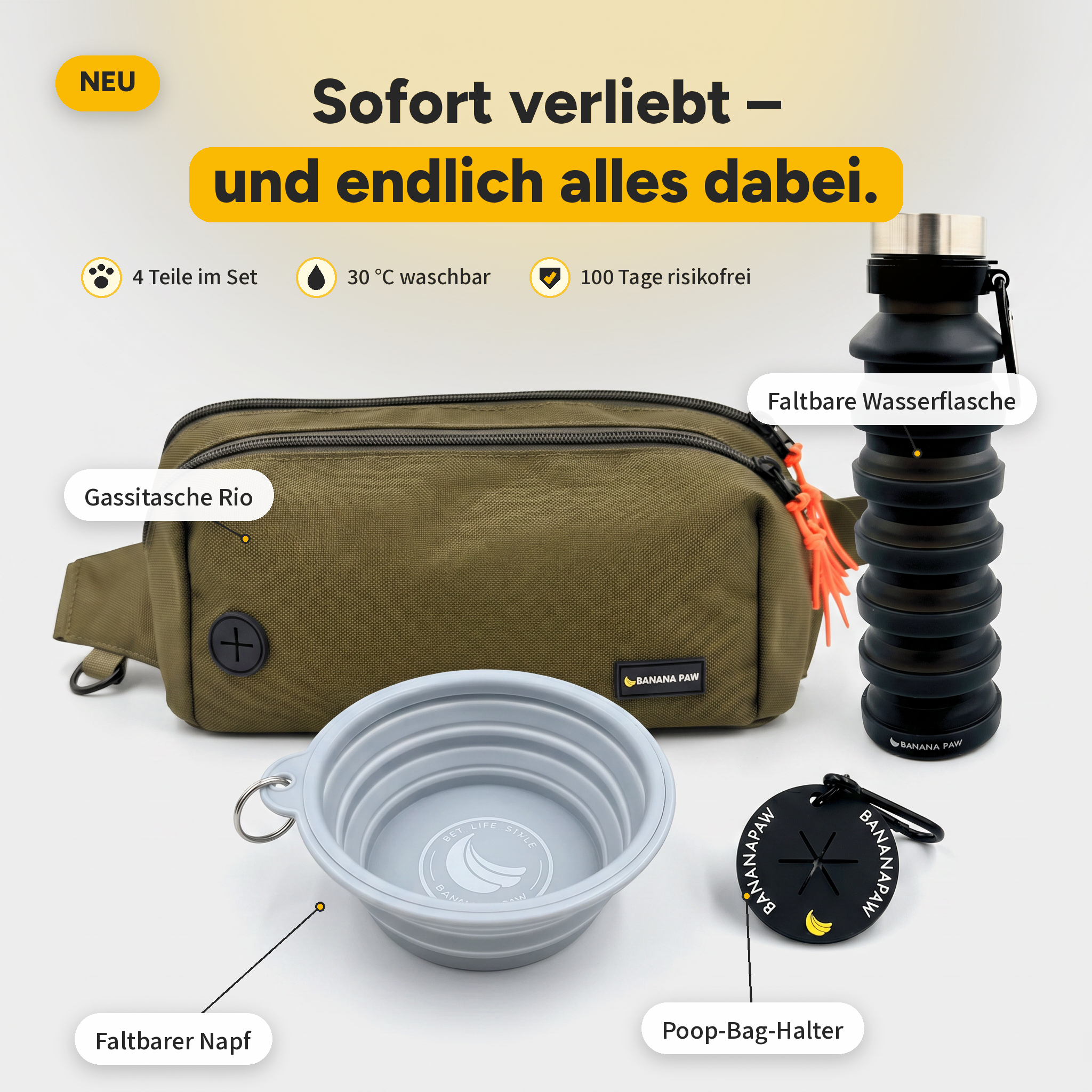 Gassi Komplett-Set Rio in Olive: Bauchtasche, faltbare Wasserflasche, faltbarer Napf und Poop-Bag-Halter von BananaPaw – 4 Teile im Set, 30 °C waschbar, 100 Tage risikofrei