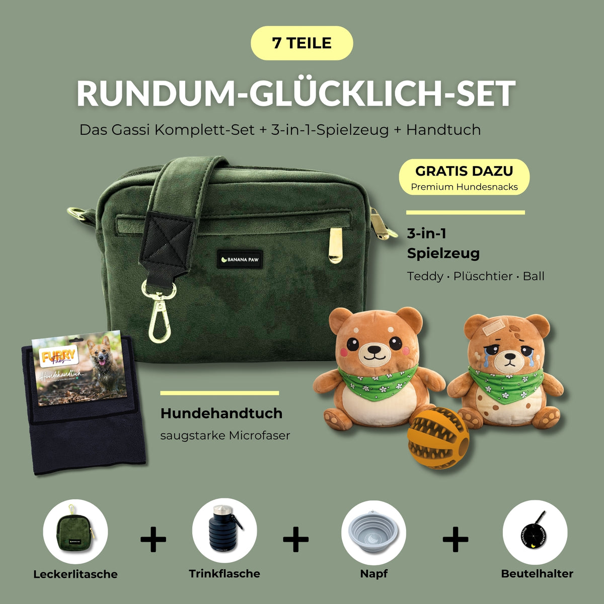 Rundum-Glücklich-Set von BananaPaw in Forest Glow mit Gassitasche aus Samt, Hundehandtuch, 3-in-1-Spielzeug und Zubehör, dazu gratis Premium-Snacks