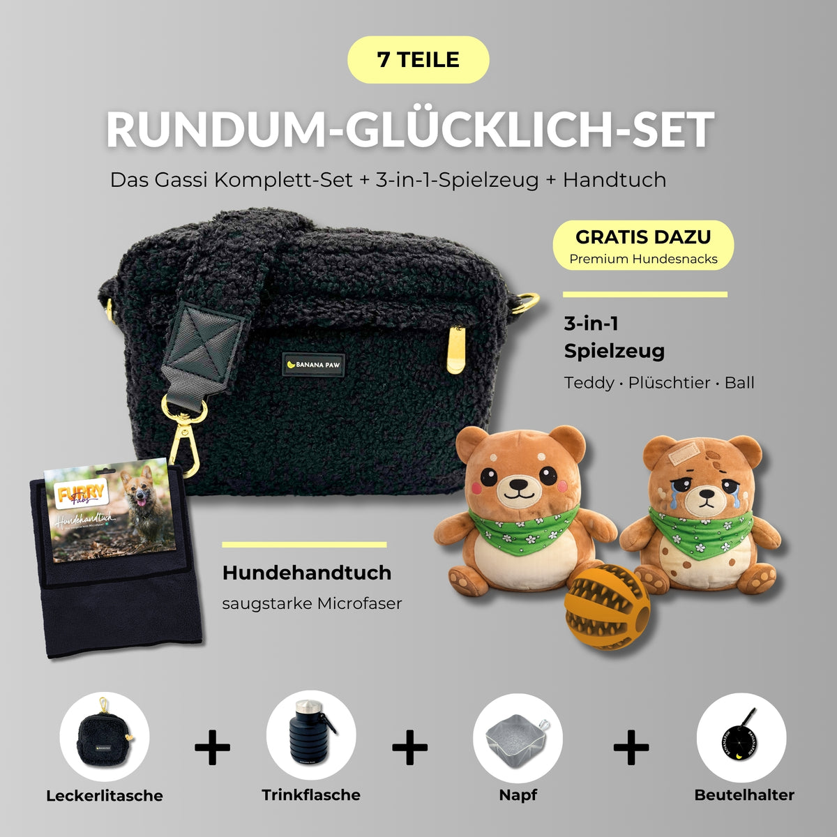 Rundum-Glücklich-Set von BananaPaw in Obsidian Black mit Gassitasche aus Teddyfleece, Hundehandtuch, 3-in-1-Spielzeug und Zubehör, dazu gratis Premium-Snacks