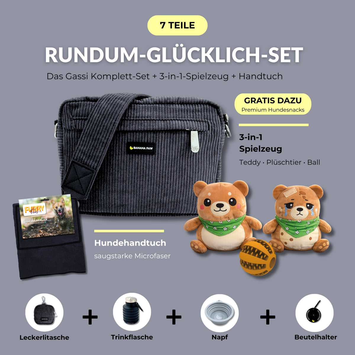Rundum-Glücklich-Set von BananaPaw in Urban Graphite mit Gassitasche aus Cord, Hundehandtuch, 3-in-1-Spielzeug und Zubehör, dazu gratis Premium-Snacks