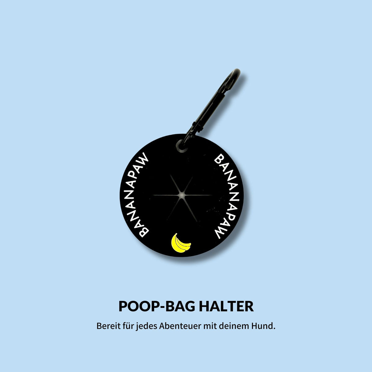 Poop-Bag Halter, runde schwarze Dose mit Karabiner, mit Produktnamen als Text