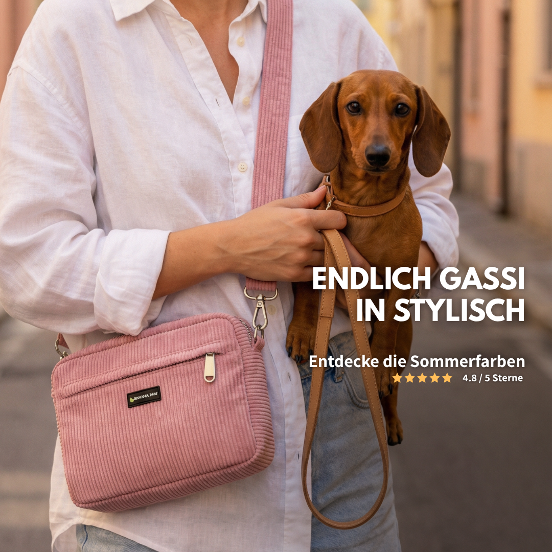 Frau trägt die Gassitasche aus Cord in Rosewood Blush auf der Gassirunde mit Hund