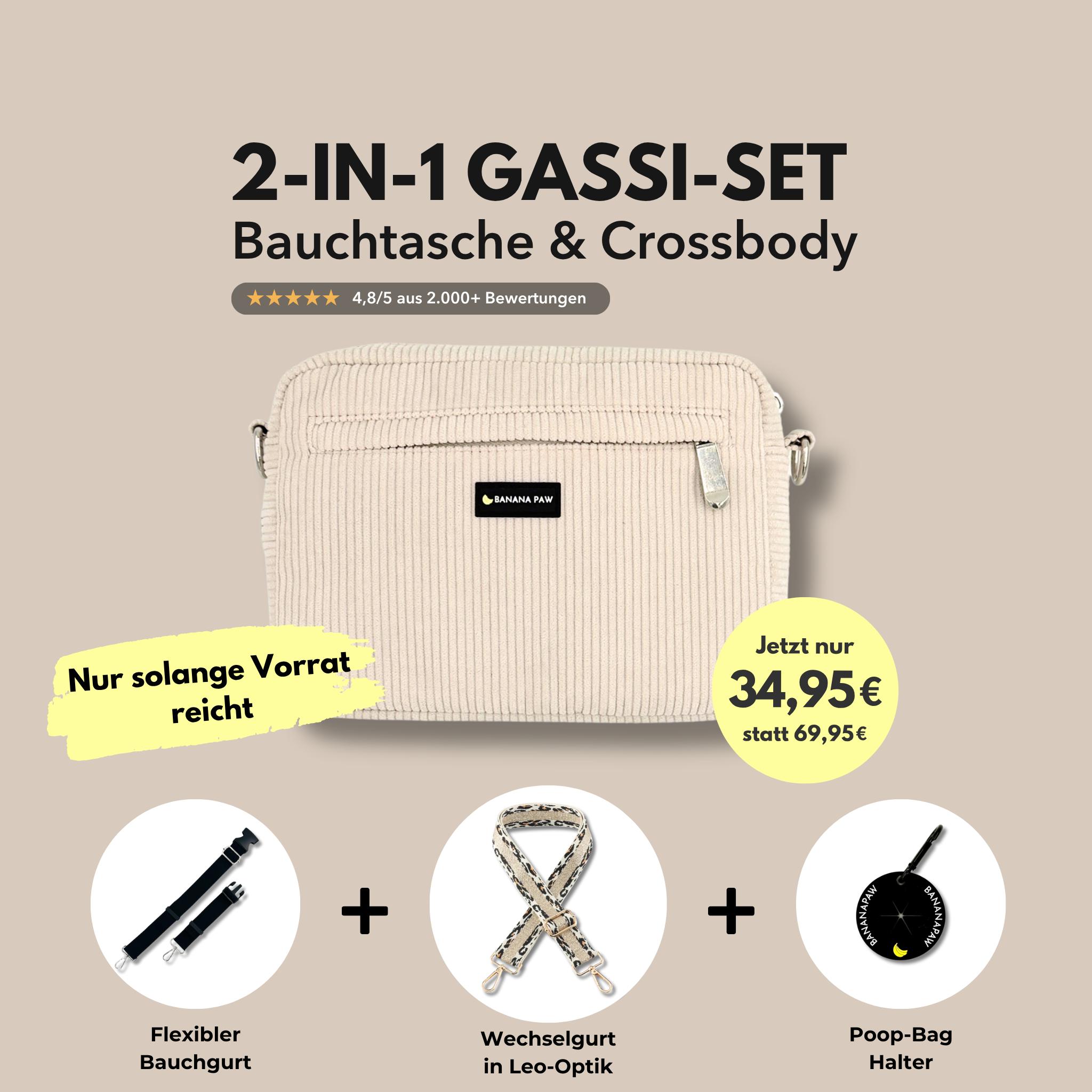 2-in-1 Gassi-Set als Bauchtasche & Crossbody - Creme Deluxe