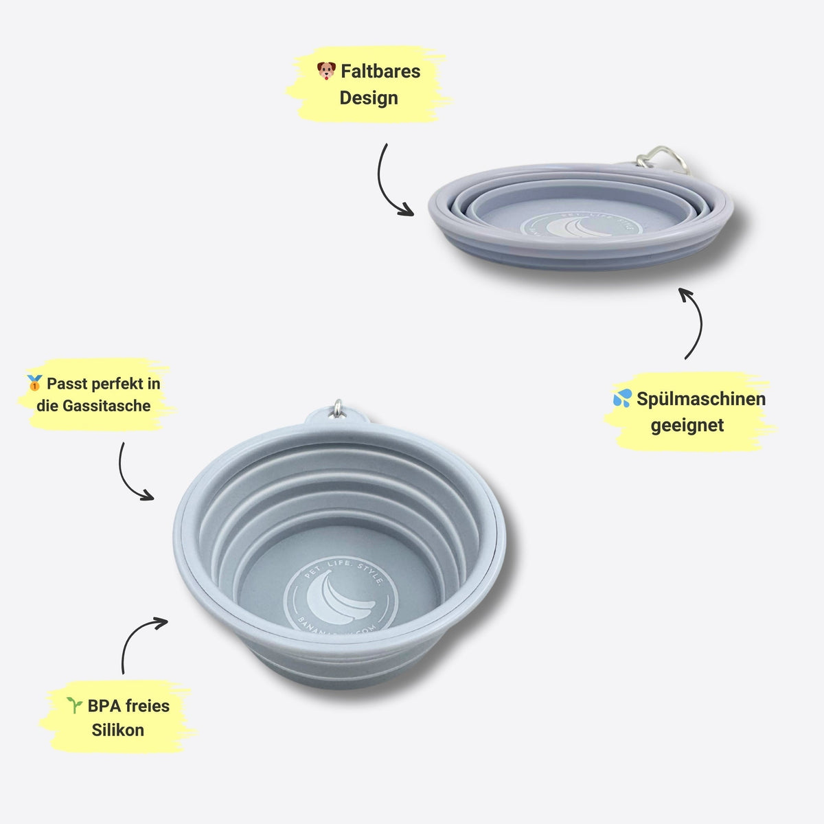 Faltbarer Hundenapf aus Silikon, aufgeklappt und zusammengefaltet, mit Hinweisen zum Material