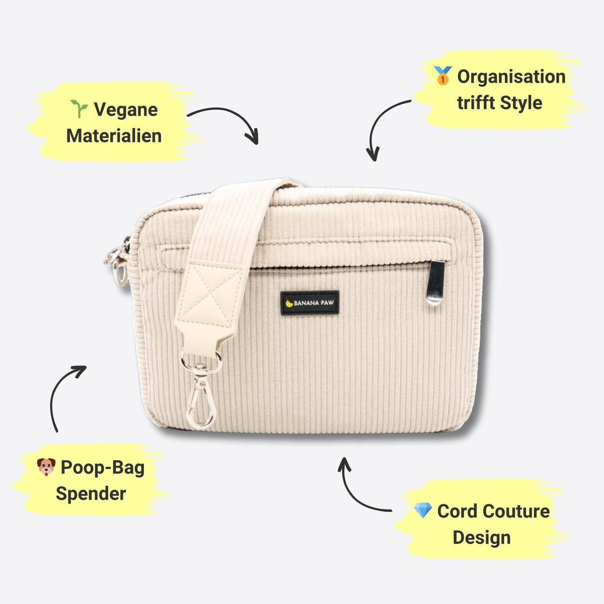 Gassitasche St. Tropez aus Cord in Creme mit Gurt, Hinweise zu veganem Material und Poop-Bag-Spender