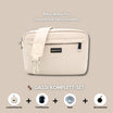 Gassitasche St. Tropez aus Cord in Creme mit Gurt, darunter Set aus Leckerlitasche, Flasche, Napf und Beutelhalter