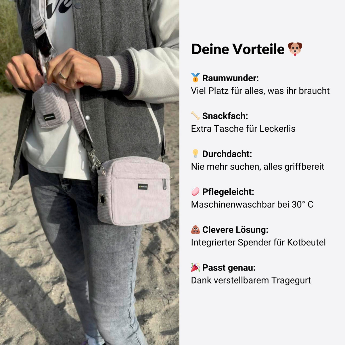 Gassitasche aus Cord in Silver Dawn am Körper getragen