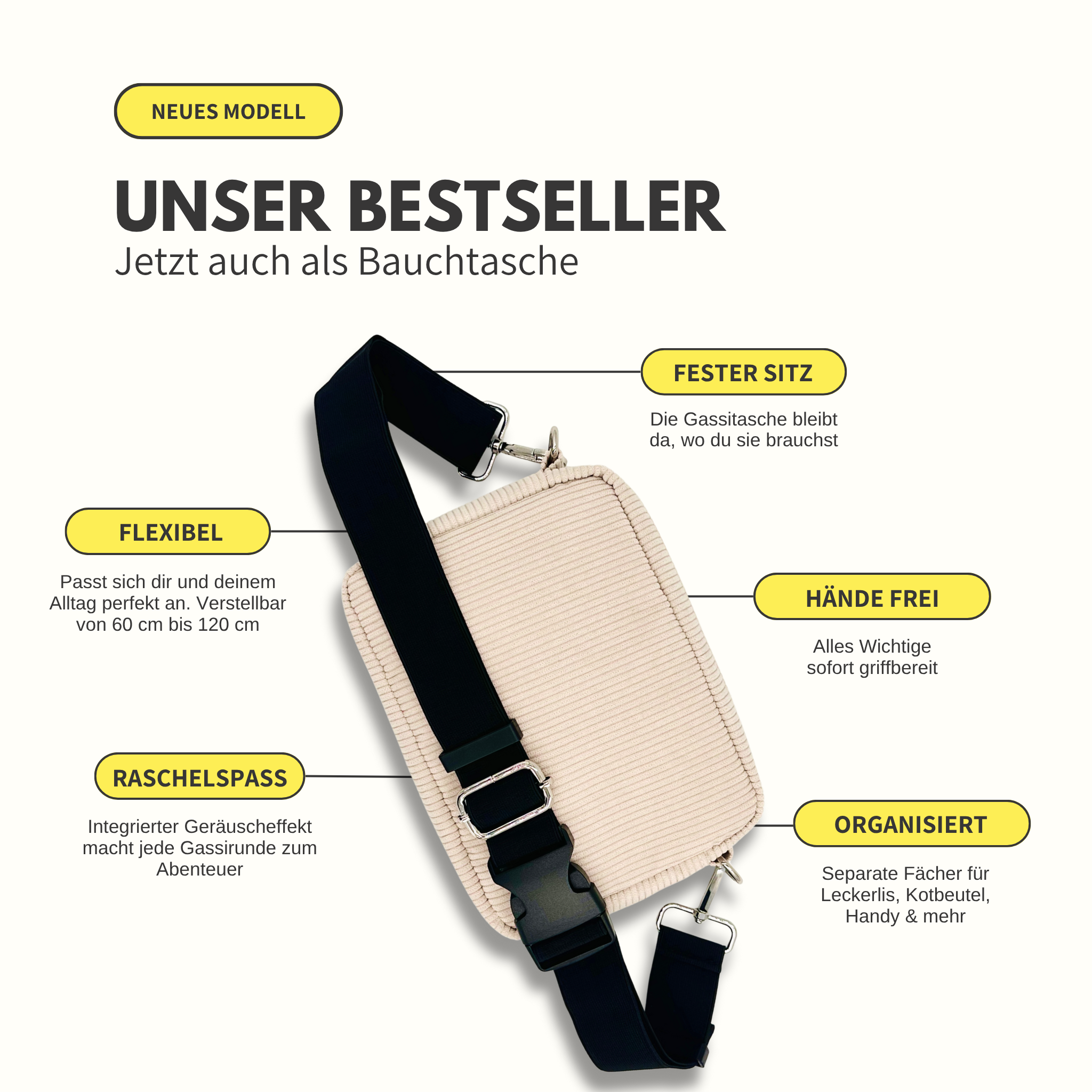2-in-1 Gassi-Set als Bauchtasche & Crossbody - Creme Deluxe