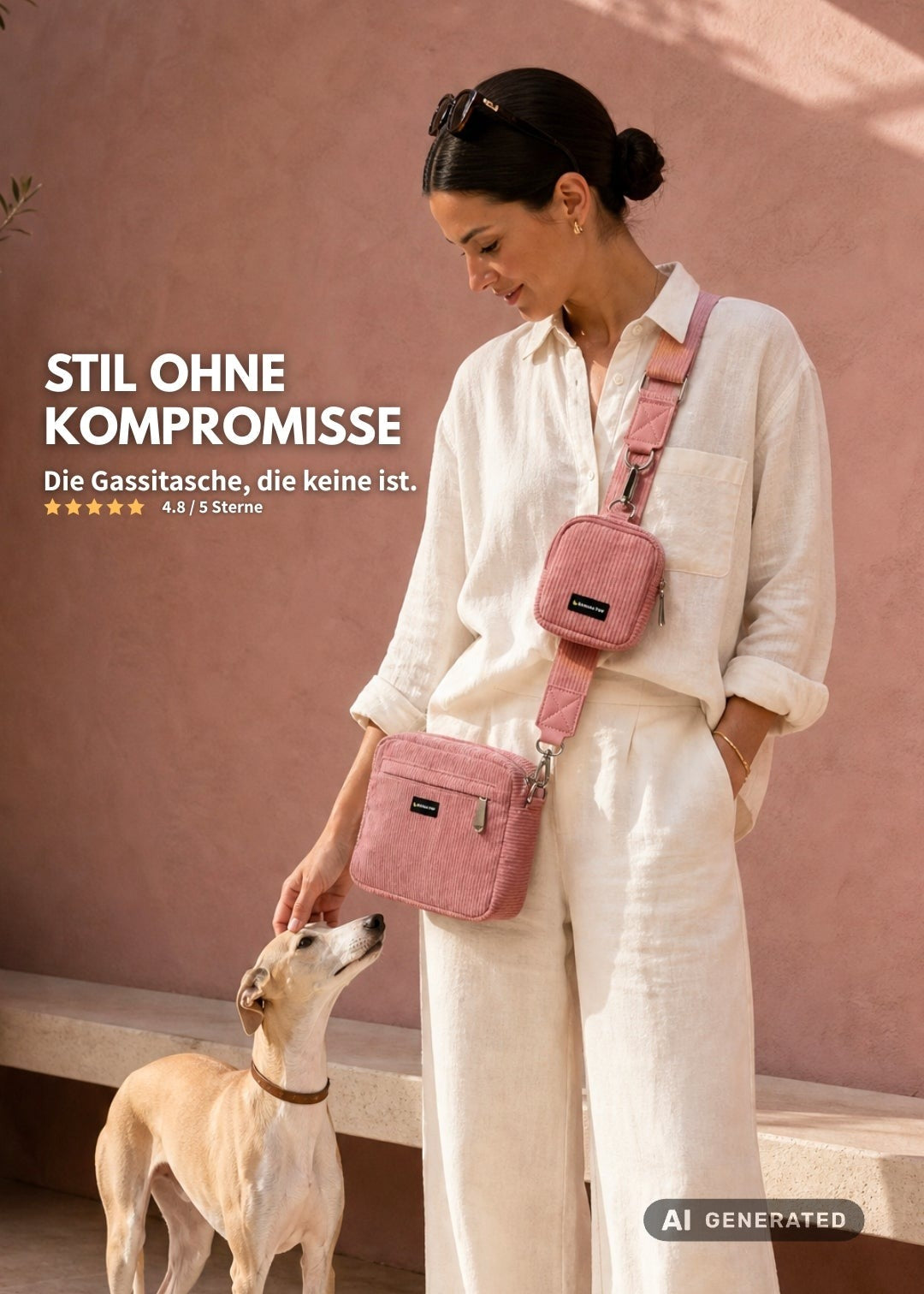 Frau mit Hund trägt die Gassitasche aus Cord in Rosewood Blush