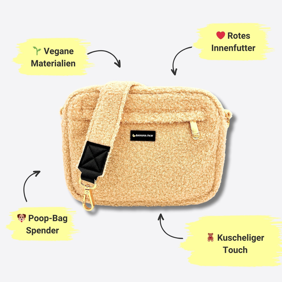 Gassitasche aus Teddyfleece in Vanilla Dream mit Hinweisen zu Poop-Bag Spender und veganem Material