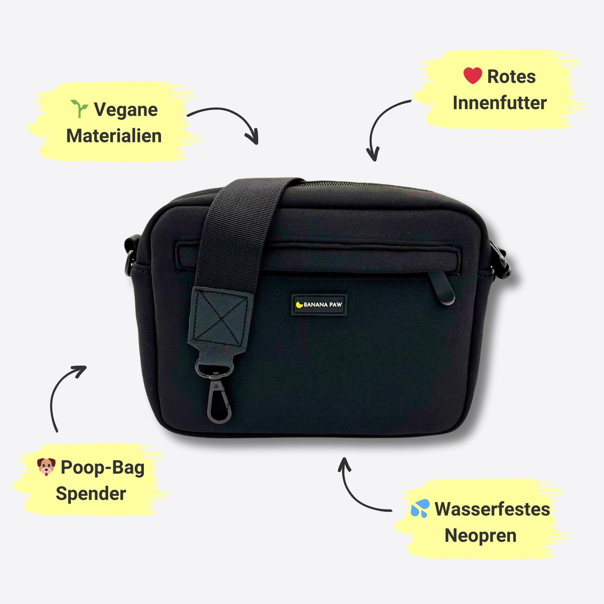 Gassitasche aus Neopren in Deep Eclipse mit Hinweisen zu rotem Innenfutter und Poop-Bag Spender
