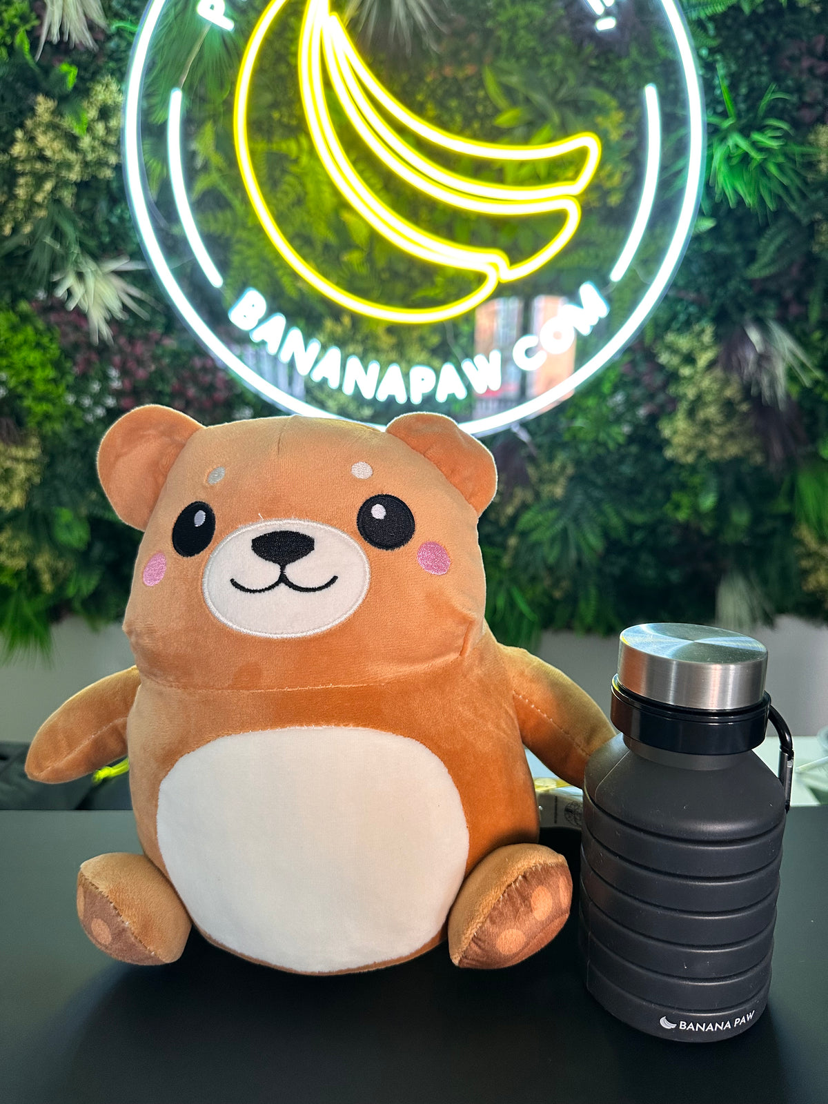 3-in-1 Spielzeug Teddy neben der faltbaren BananaPaw Trinkflasche