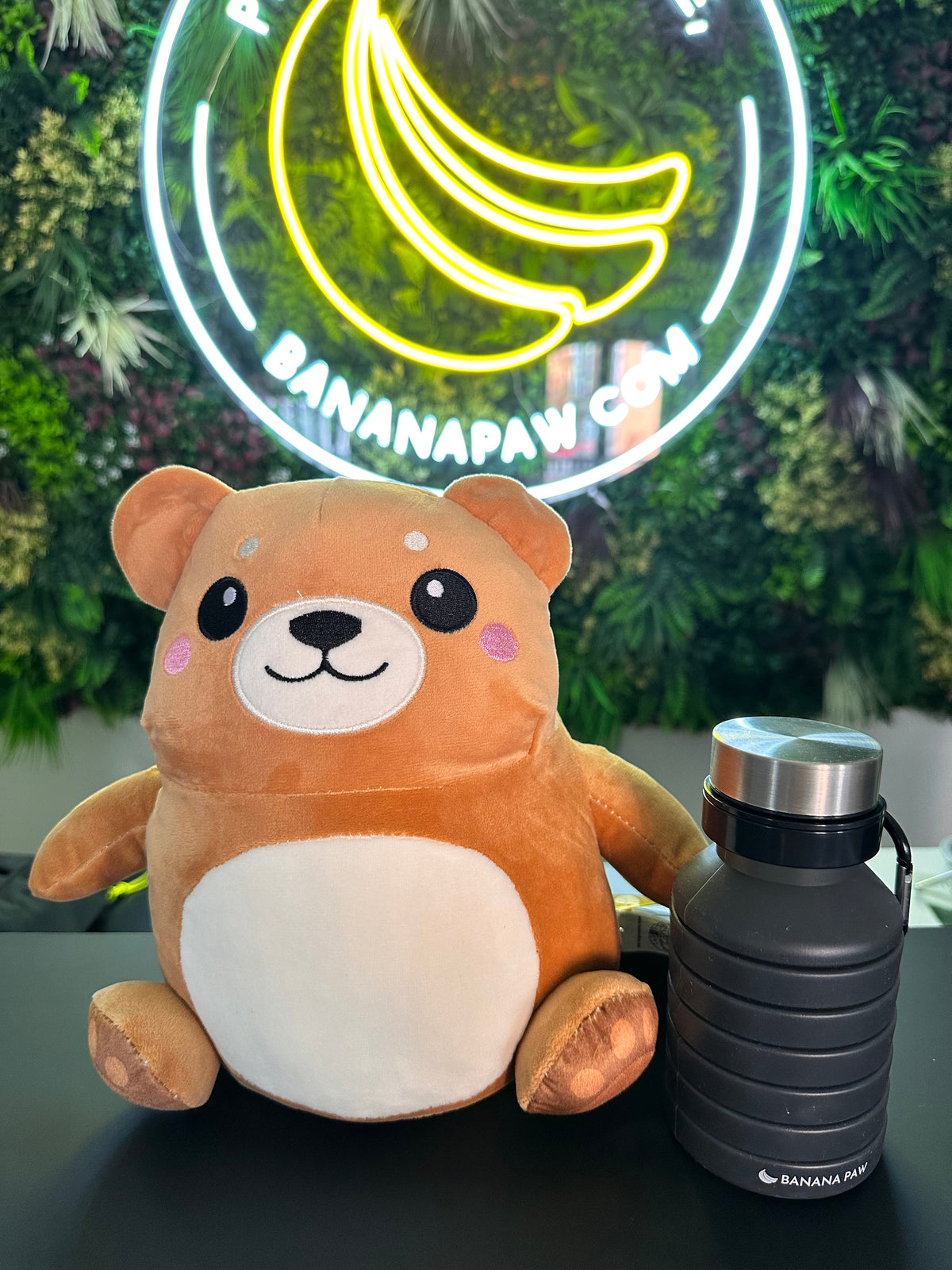 3-in-1 Spielzeug Teddy neben der faltbaren BananaPaw Trinkflasche