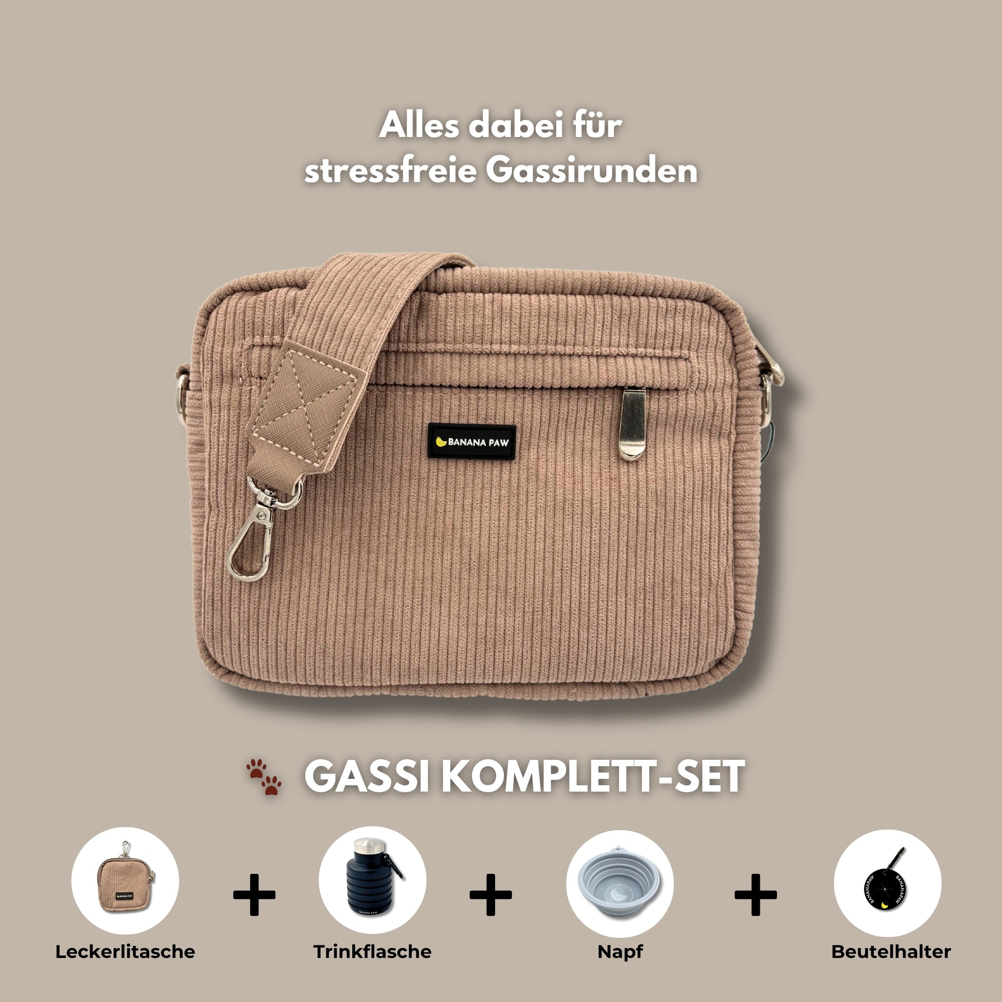 Gassitasche St. Tropez aus Cord in Hellbraun, darunter Set-Inhalt: Leckerlitasche, Trinkflasche, Napf, Beutelhalter