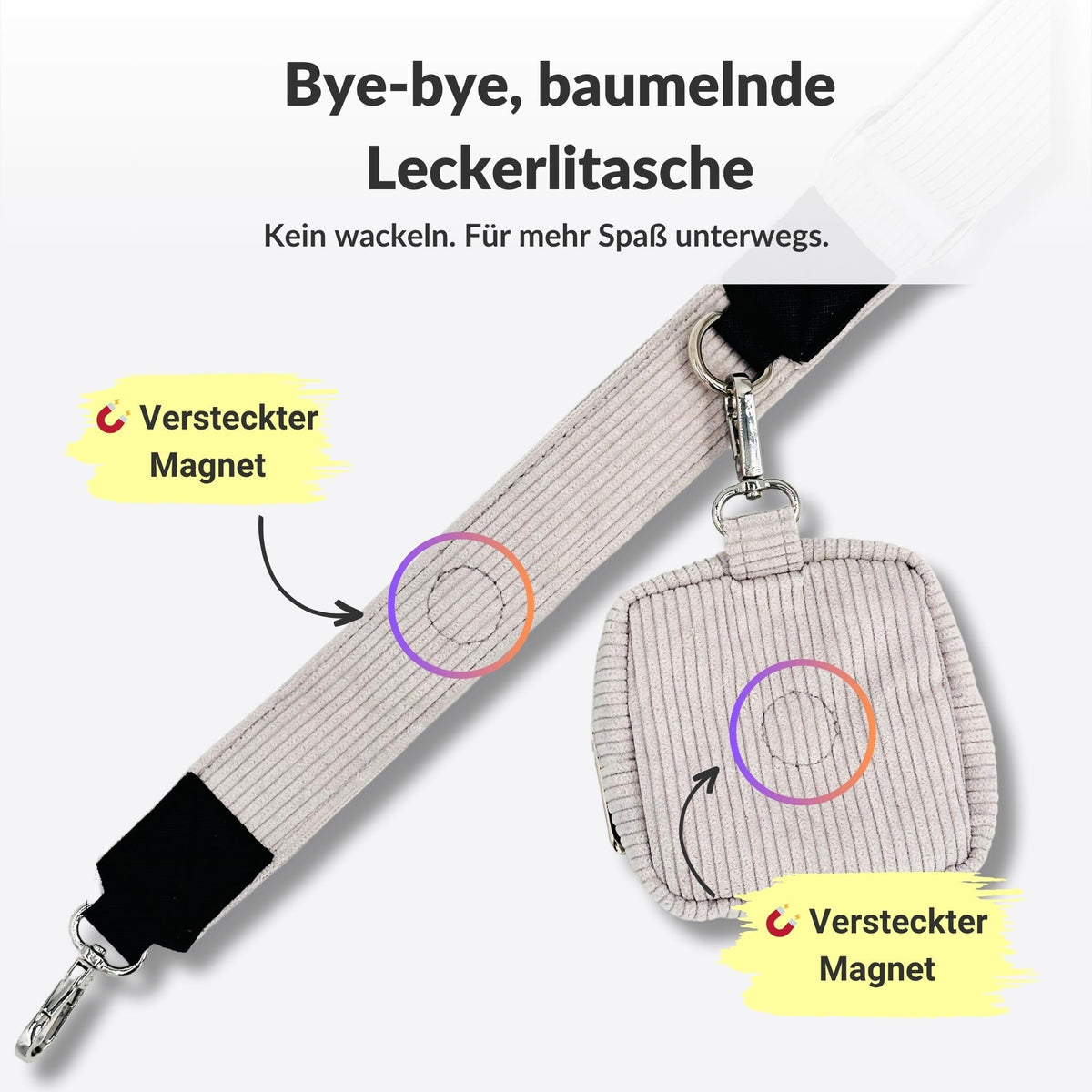 Leckerlitasche Kon Tiki und Gurt, Grafik hebt die versteckten Magnete gegen Baumeln hervor