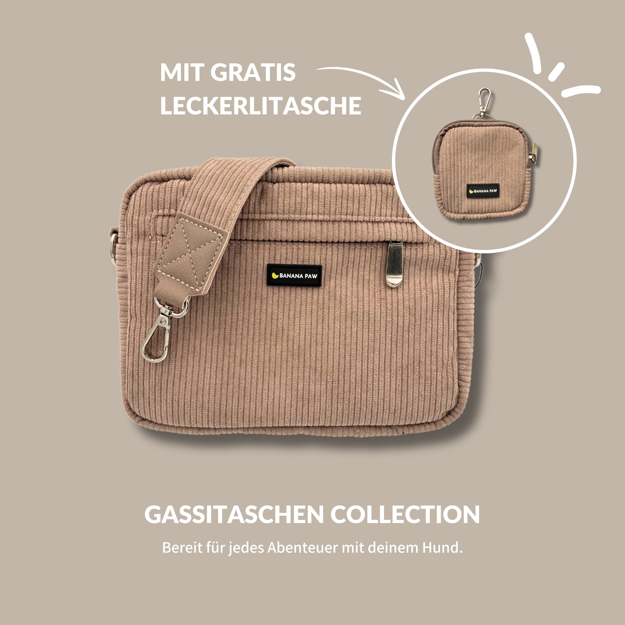 Gassitasche St. Tropez aus Cord in Altrosa mit Gurt, dazu die passende Leckerlitasche als Zugabe