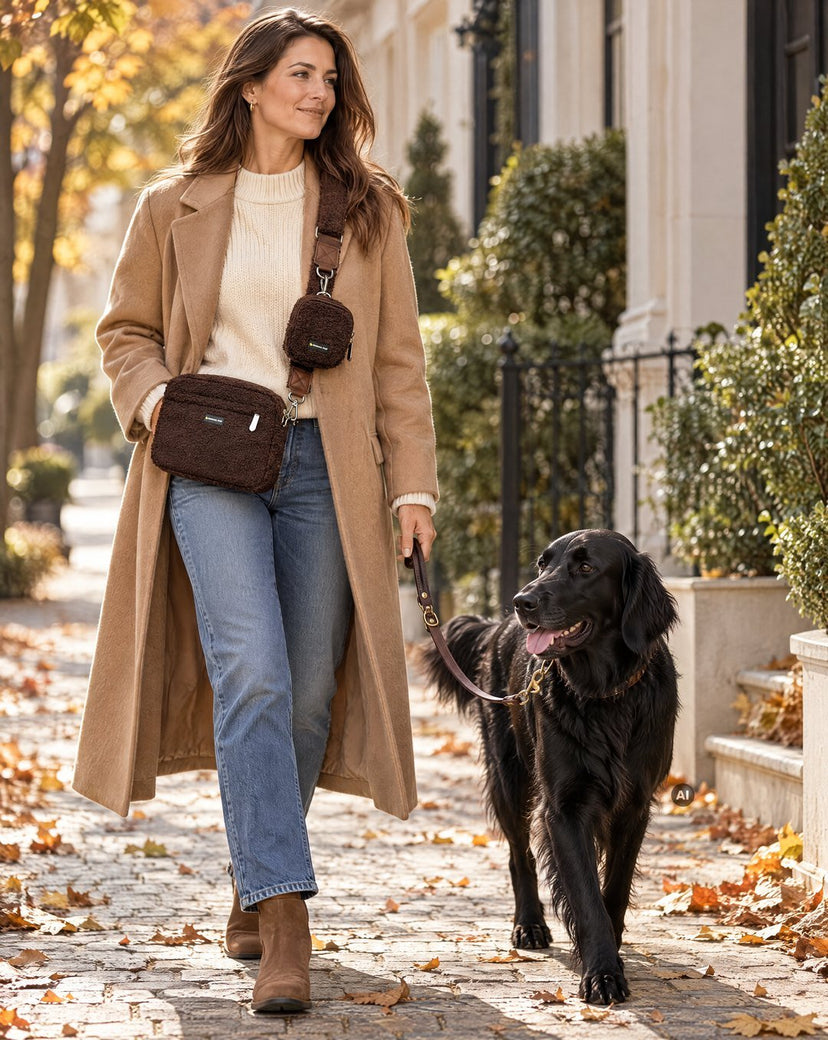 Frau im Camel-Mantel mit Teddy-Gassitasche Chocolate Dream und schwarzem Hund im Herbst, Bild mit KI erstellt