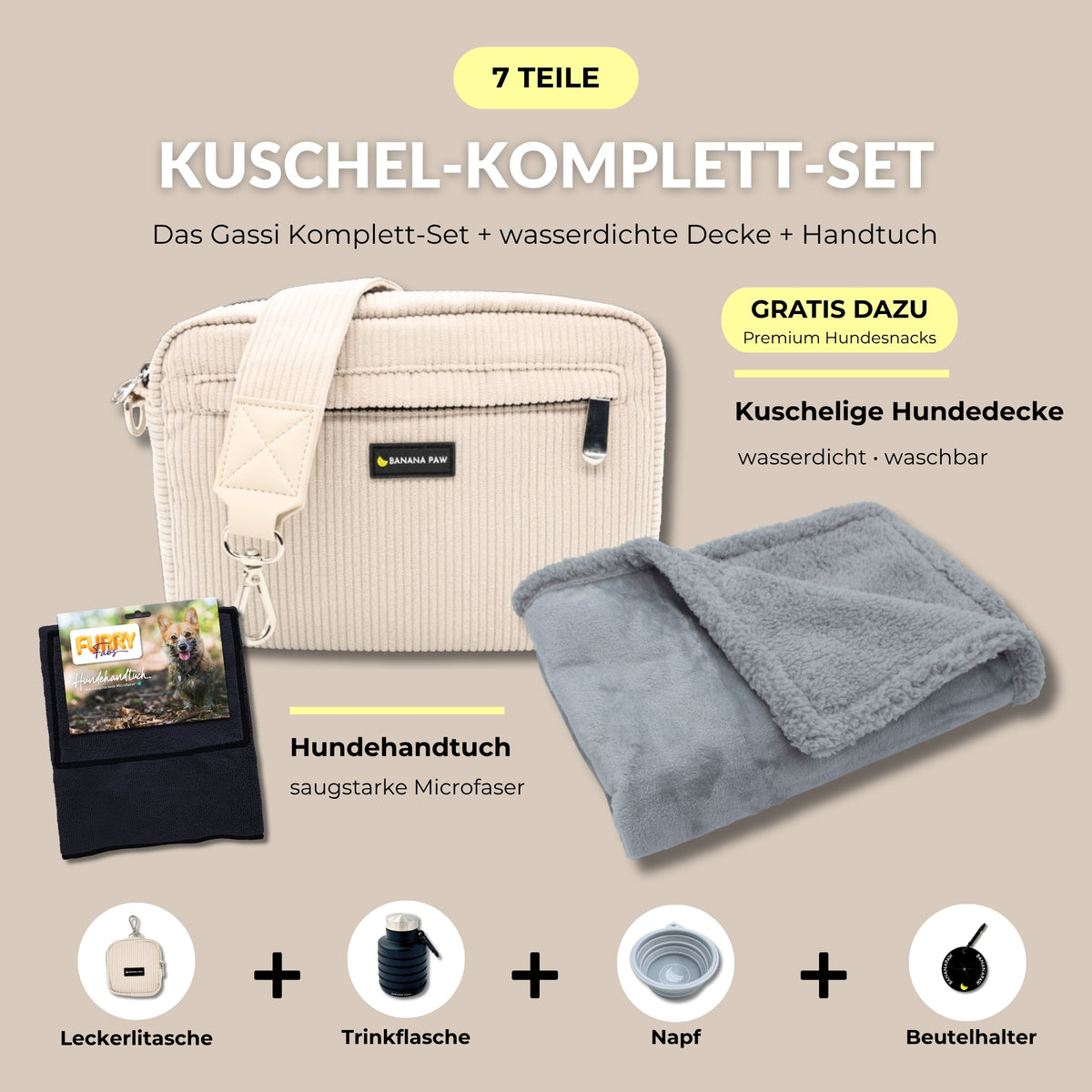 Kuschel-Komplett-Set von BananaPaw in Creme Deluxe mit Gassitasche aus Cord, Hundehandtuch, wasserdichter Hundedecke und Zubehör, dazu gratis Premium-Snacks