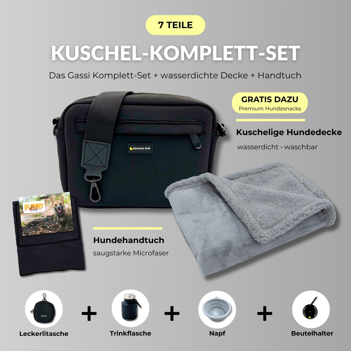 Kuschel-Komplett-Set von BananaPaw in Deep Eclipse mit Gassitasche aus Neopren, Hundehandtuch, wasserdichter Hundedecke und Zubehör, dazu gratis Premium-Snacks
