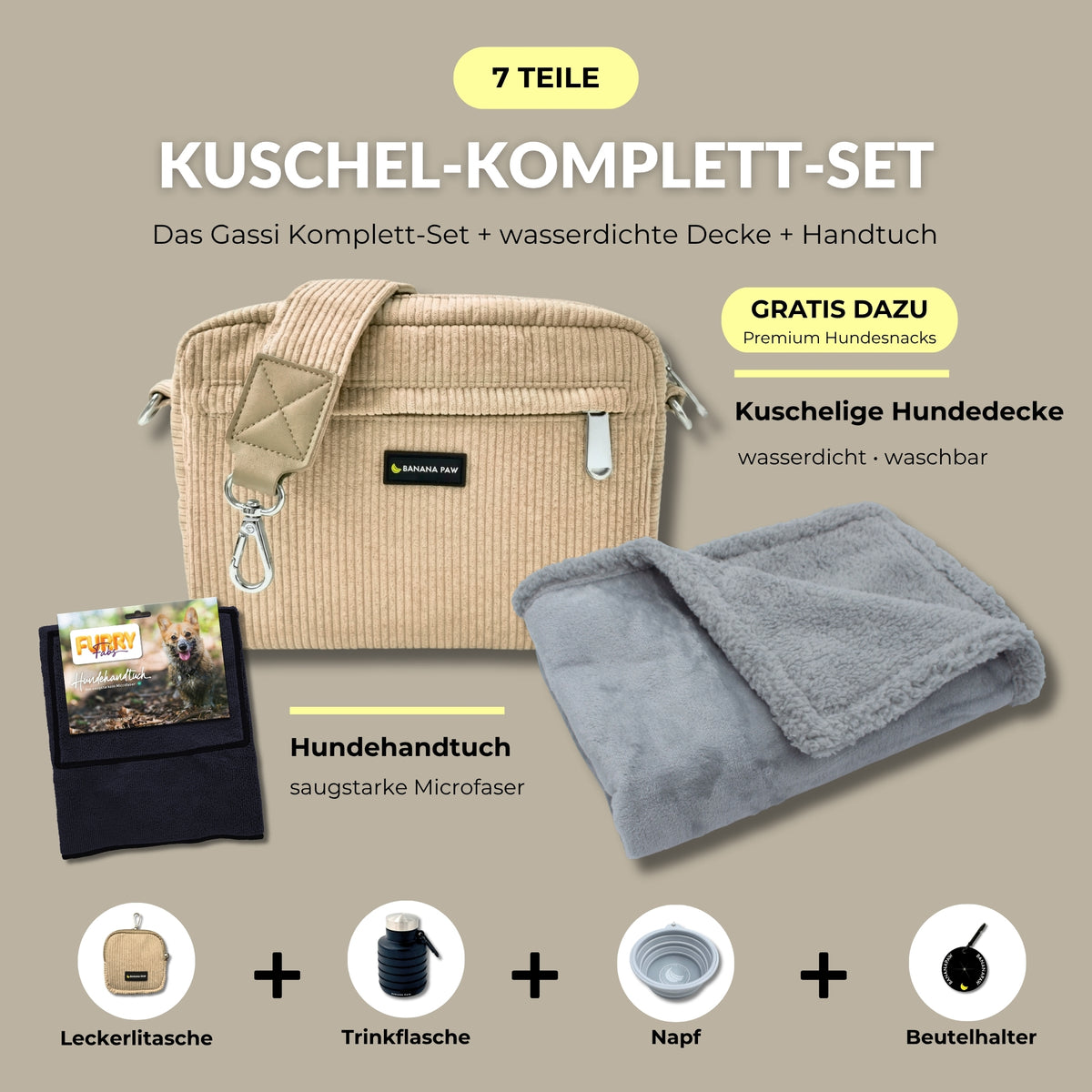 Kuschel-Komplett-Set von BananaPaw in Desert Dune mit Gassitasche aus Cord, Hundehandtuch, wasserdichter Hundedecke und Zubehör, dazu gratis Premium-Snacks