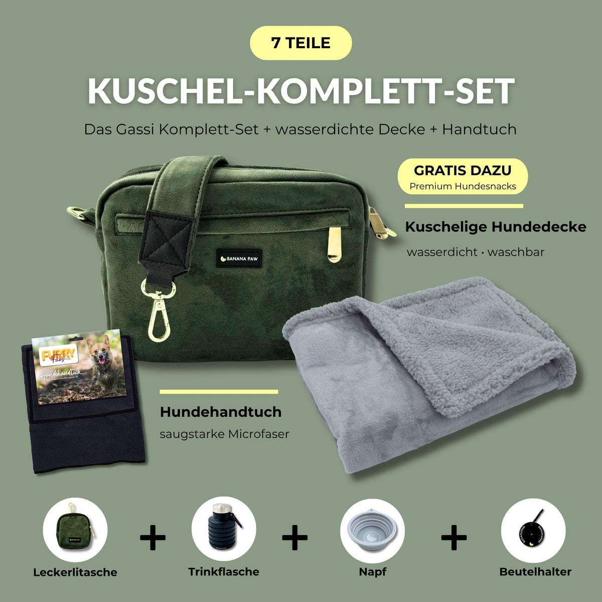 Kuschel-Komplett-Set von BananaPaw in Forest Glow mit Gassitasche aus Samt, Hundehandtuch, wasserdichter Hundedecke und Zubehör, dazu gratis Premium-Snacks