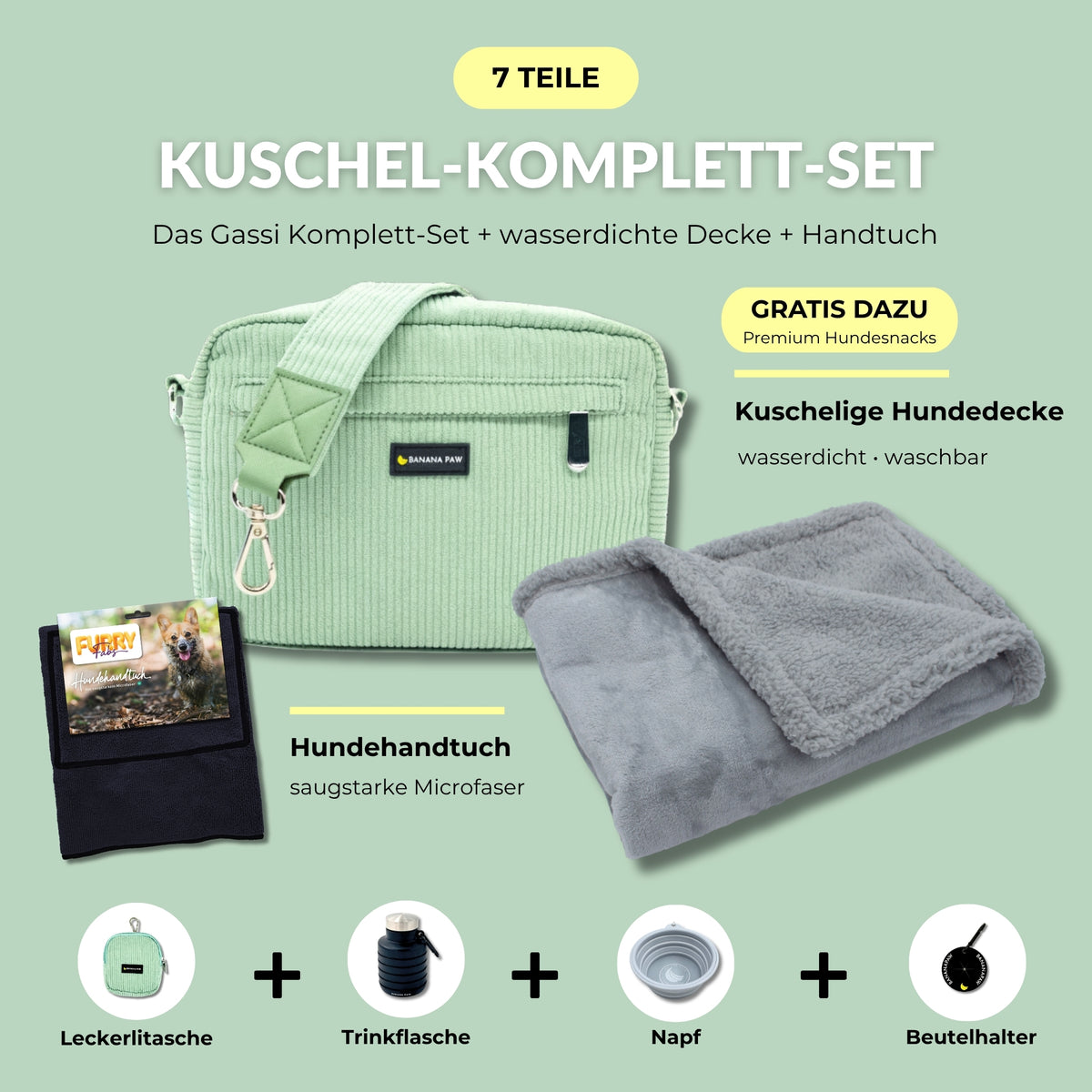 Kuschel-Komplett-Set von BananaPaw in Mint Bliss mit Gassitasche aus Cord, Hundehandtuch, wasserdichter Hundedecke und Zubehör, dazu gratis Premium-Snacks