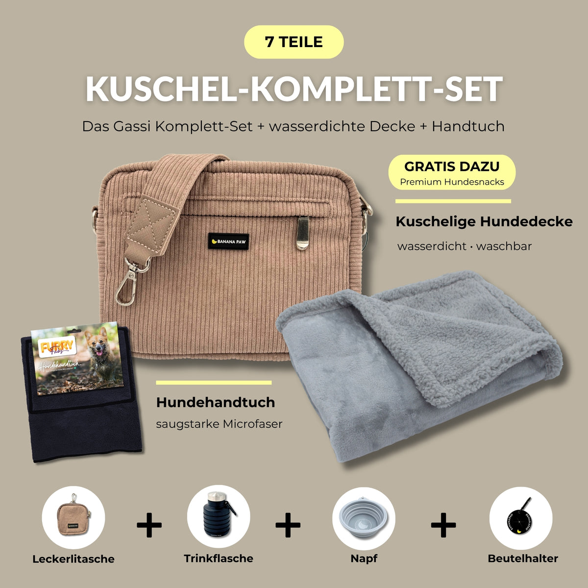 Kuschel-Komplett-Set von BananaPaw in Sandy Brown mit Gassitasche aus Cord, Hundehandtuch, wasserdichter Hundedecke und Zubehör, dazu gratis Premium-Snacks