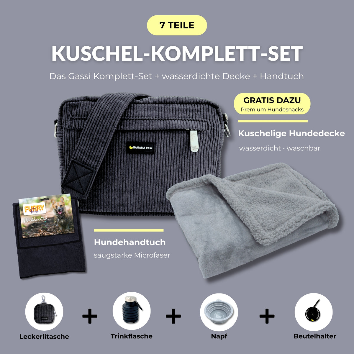 Kuschel-Komplett-Set von BananaPaw in Urban Graphite mit Gassitasche aus Cord, Hundehandtuch, wasserdichter Hundedecke und Zubehör, dazu gratis Premium-Snacks