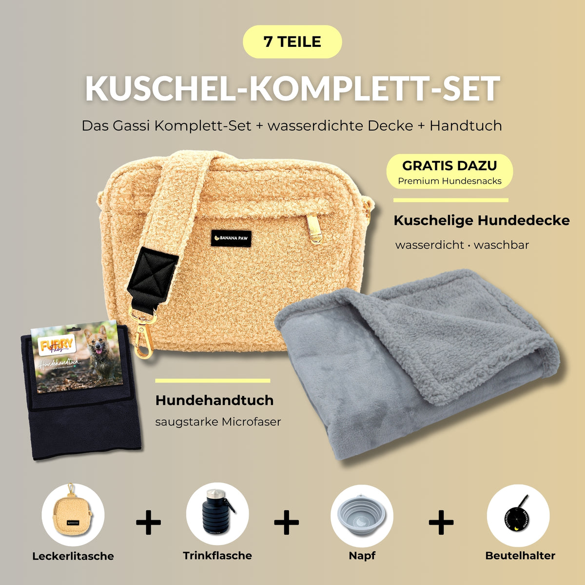Kuschel-Komplett-Set von BananaPaw in Vanilla Dream mit Gassitasche aus Teddyfleece, Hundehandtuch, wasserdichter Hundedecke und Zubehör, dazu gratis Premium-Snacks