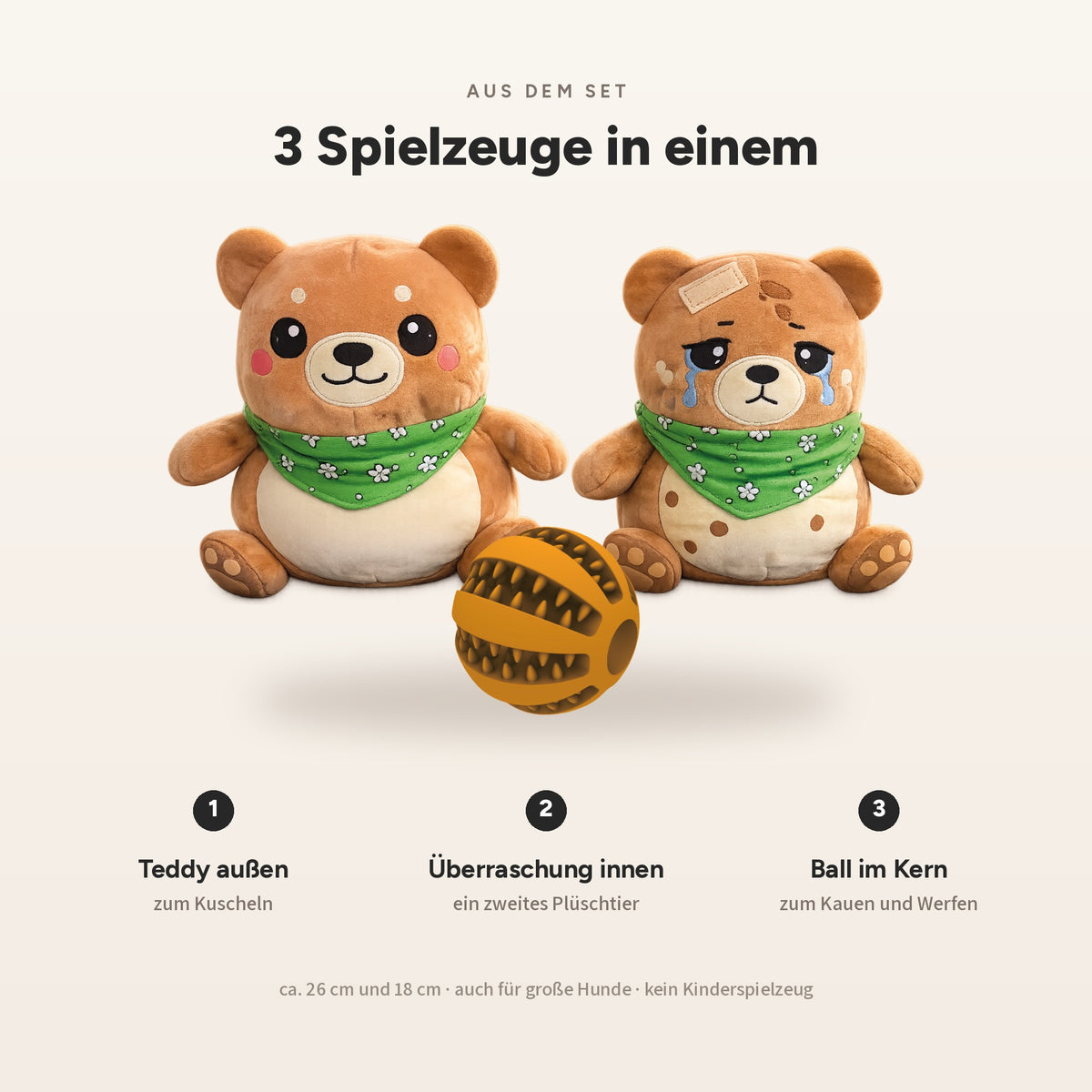 3-in-1 Spielzeug erklärt: Teddy außen zum Kuscheln, ein zweites Plüschtier innen als Überraschung und ein robuster Ball im Kern