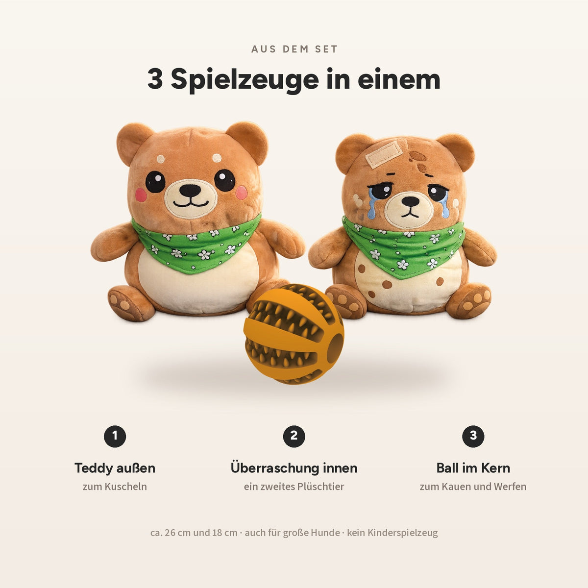 3-in-1 Spielzeug erklärt: Teddy außen zum Kuscheln, ein zweites Plüschtier innen als Überraschung und ein robuster Ball im Kern