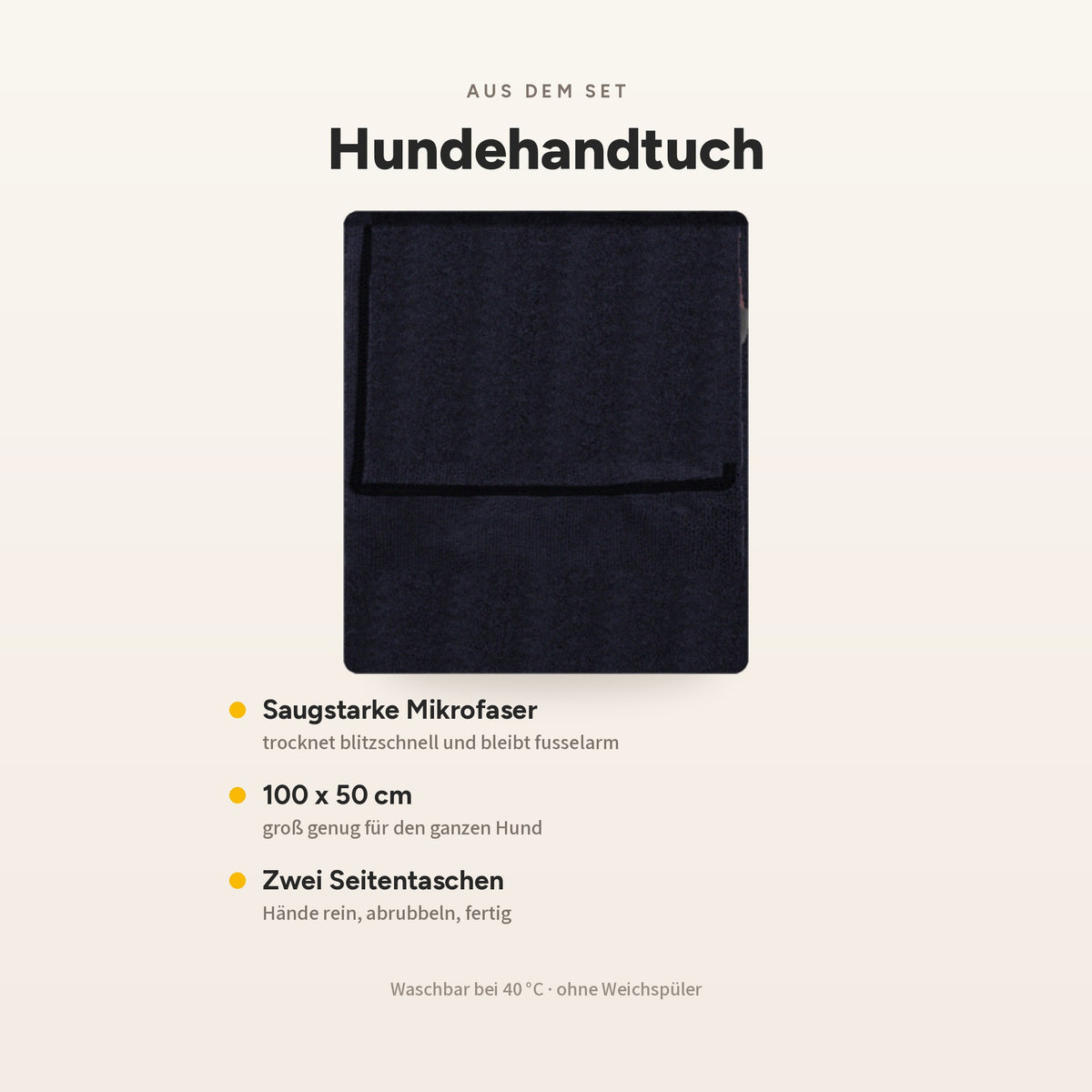 Hundehandtuch aus saugstarker Mikrofaser, 100 x 50 cm, mit zwei Seitentaschen für die Hände