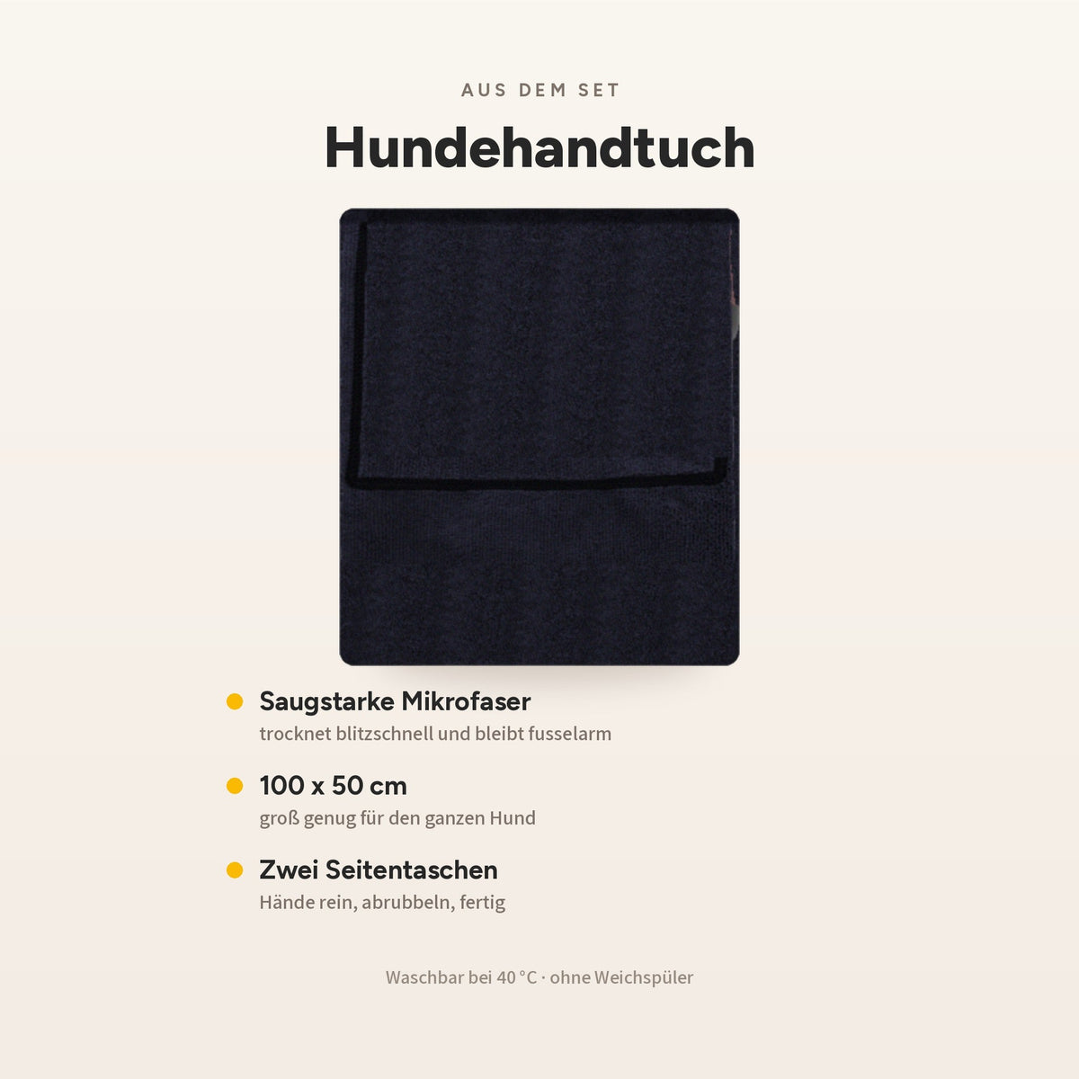 Hundehandtuch aus saugstarker Mikrofaser, 100 x 50 cm, mit zwei Seitentaschen für die Hände