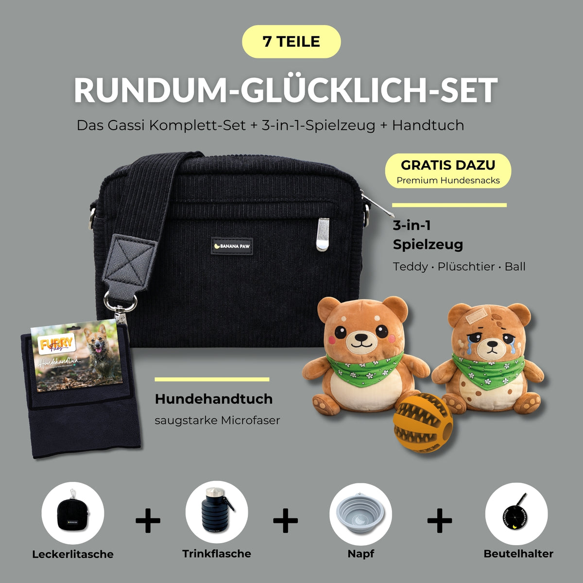 Rundum-Glücklich-Set von BananaPaw in Black Beauty mit Gassitasche aus Cord, Hundehandtuch, 3-in-1-Spielzeug und Zubehör, dazu gratis Premium-Snacks
