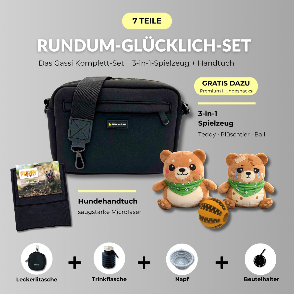 Rundum-Glücklich-Set von BananaPaw in Deep Eclipse mit Gassitasche aus Neopren, Hundehandtuch, 3-in-1-Spielzeug und Zubehör, dazu gratis Premium-Snacks