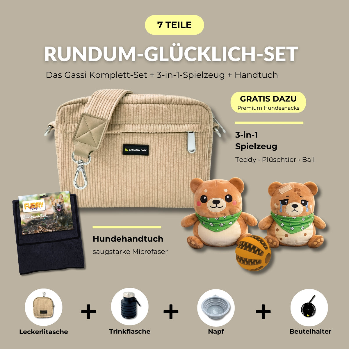 Rundum-Glücklich-Set von BananaPaw in Desert Dune mit Gassitasche aus Cord, Hundehandtuch, 3-in-1-Spielzeug und Zubehör, dazu gratis Premium-Snacks