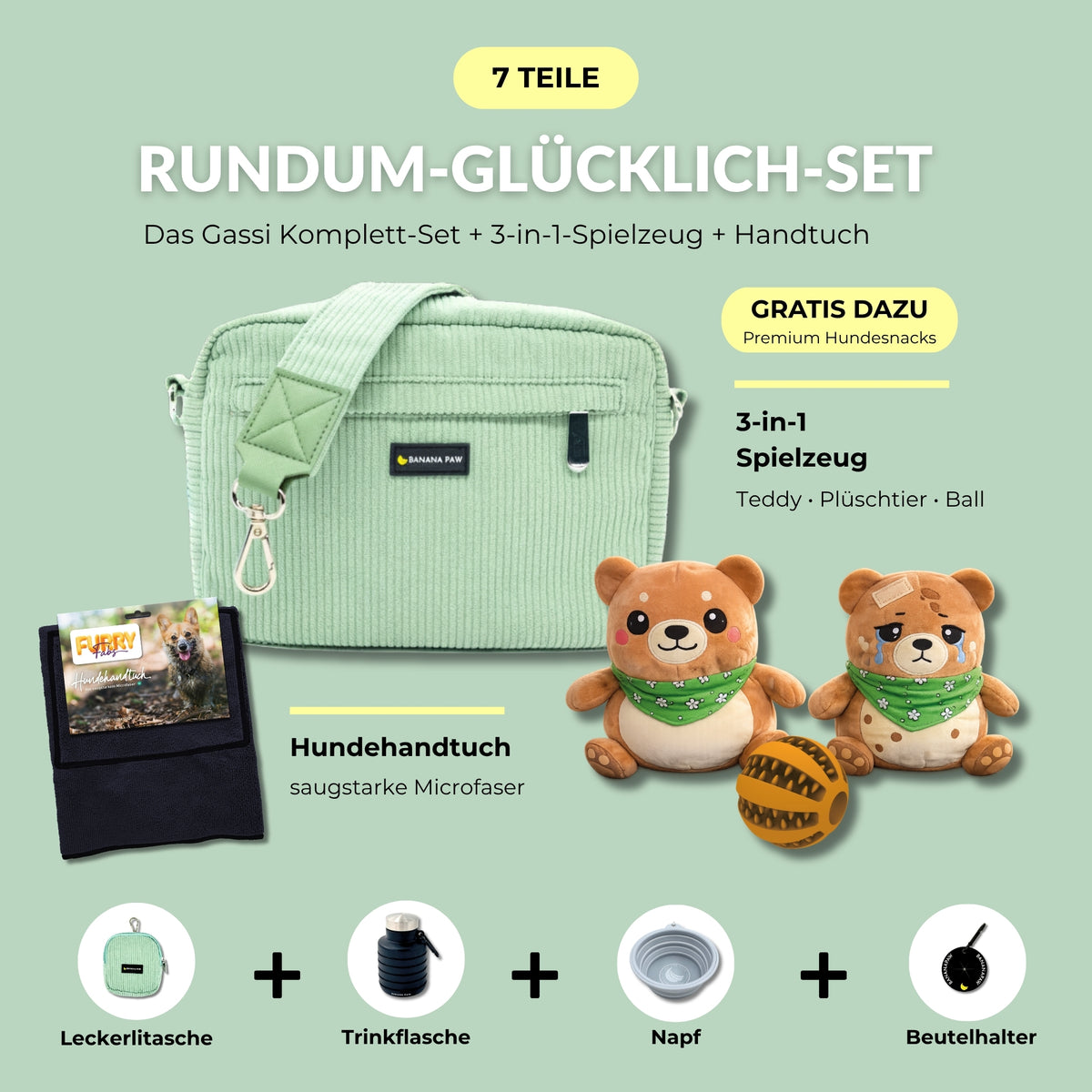 Rundum-Glücklich-Set von BananaPaw in Mint Bliss mit Gassitasche aus Cord, Hundehandtuch, 3-in-1-Spielzeug und Zubehör, dazu gratis Premium-Snacks