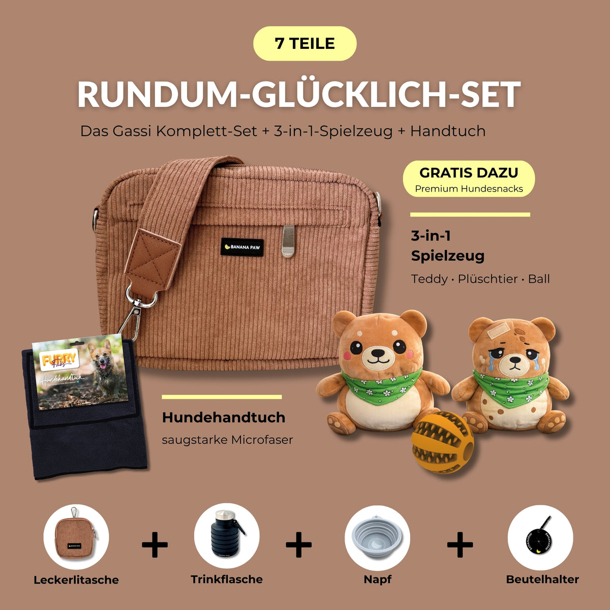 Rundum-Glücklich-Set von BananaPaw in Mocca Mood mit Gassitasche aus Cord, Hundehandtuch, 3-in-1-Spielzeug und Zubehör, dazu gratis Premium-Snacks