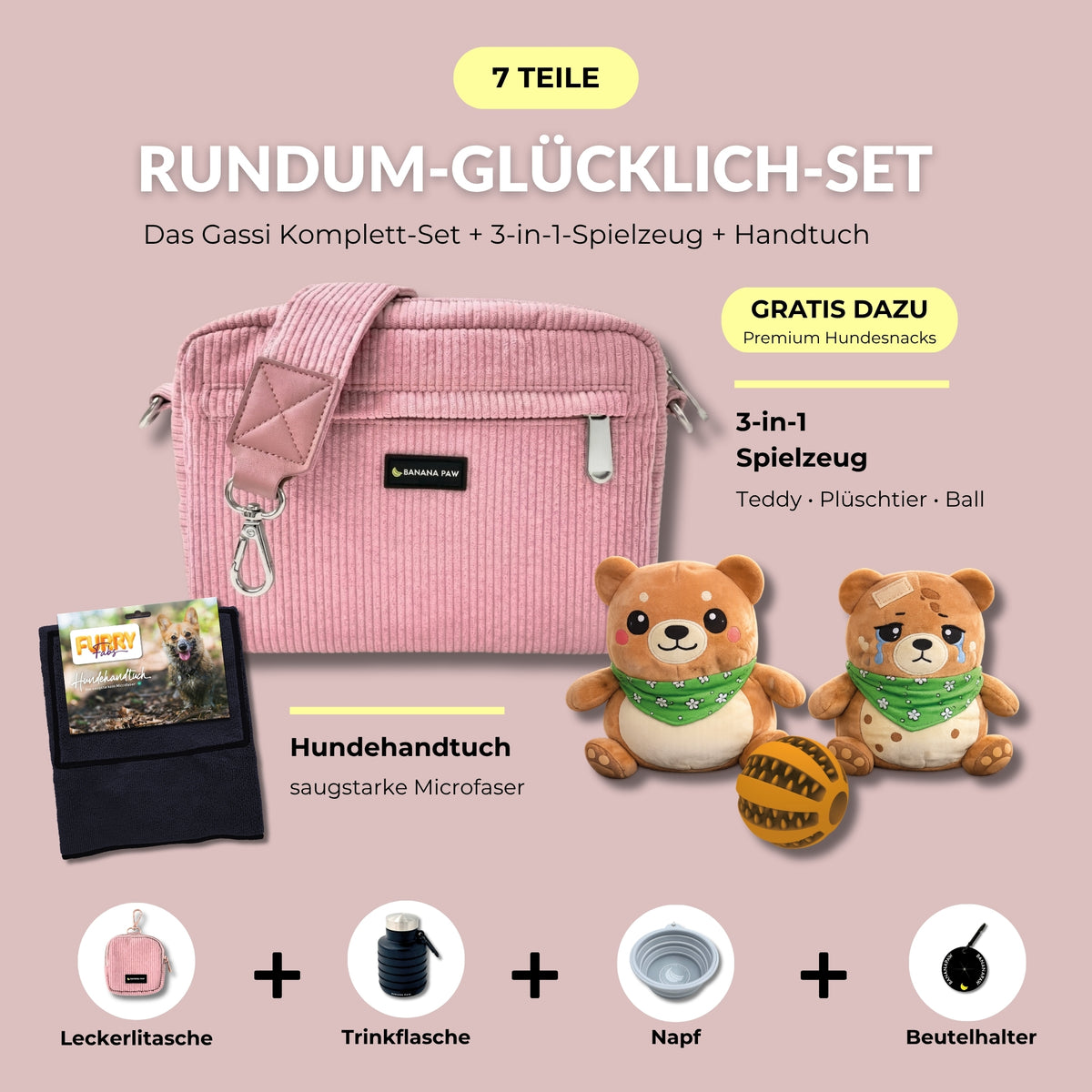 Rundum-Glücklich-Set von BananaPaw in Rosewood Blush mit Gassitasche aus Cord, Hundehandtuch, 3-in-1-Spielzeug und Zubehör, dazu gratis Premium-Snacks