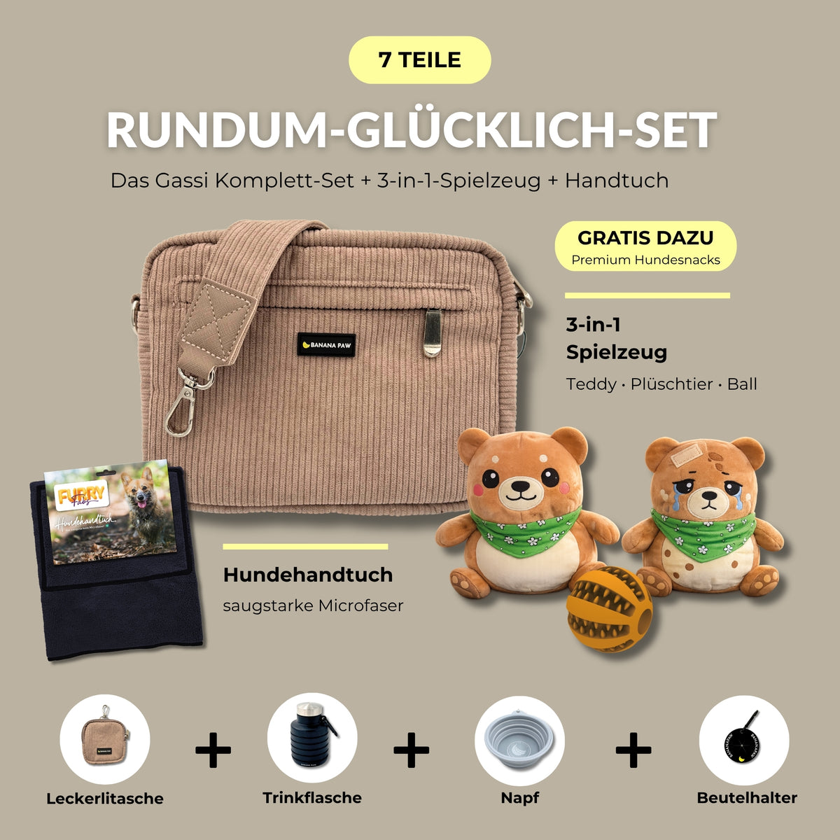 Rundum-Glücklich-Set von BananaPaw in Sandy Brown mit Gassitasche aus Cord, Hundehandtuch, 3-in-1-Spielzeug und Zubehör, dazu gratis Premium-Snacks
